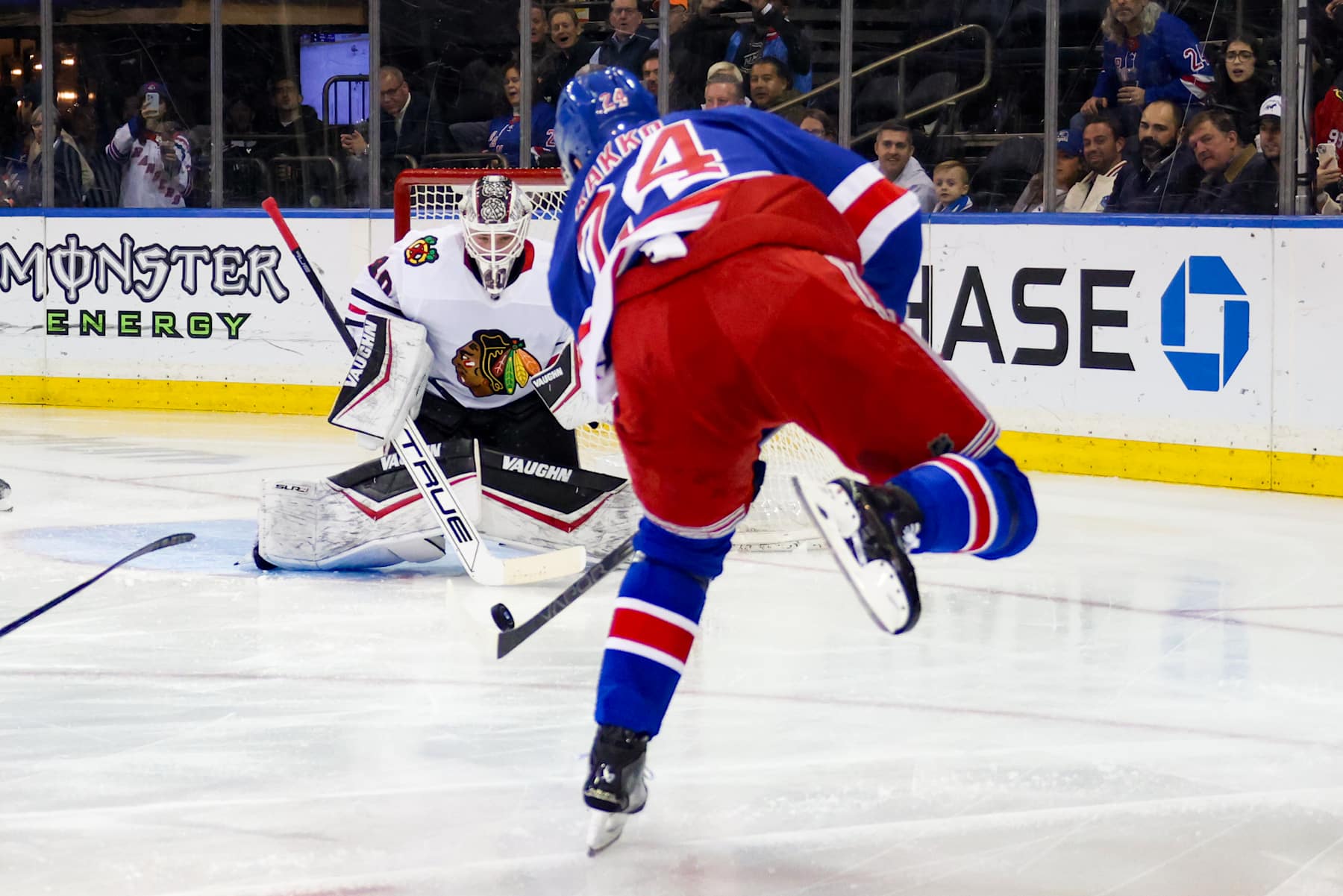NEW YORK, NY - DECEMBER 09: New York Rangers Right Wing Kaapo Kakko (24) takes a shot on goal during the second period of the National Hockey League game between the Chicago Blackhawks and the New York Rangers on December 9, 2024 at Madison Square Garden in New York, NY. (Photo by Joshua Sarner/Icon Sportswire via Getty Images)