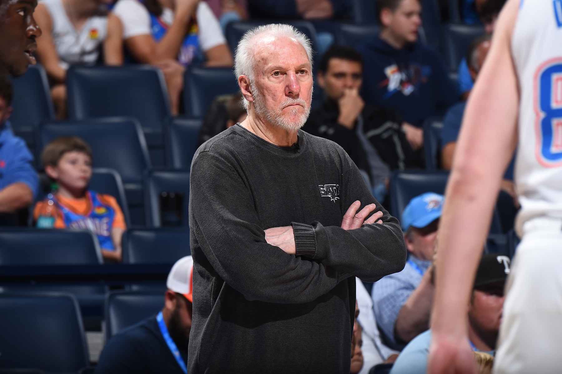OKLAHOMA CITY, OK - OCTOBER 30: Head Coach Gregg Popovich of the San Antonio Spurs looks on during the game against the Oklahoma City Thunder on October 30, 2024 at Paycom Center in Oklahoma City, Oklahoma. NOTE TO USER: User expressly acknowledges and agrees that, by downloading and or using this photograph, User is consenting to the terms and conditions of the Getty Images License Agreement. Mandatory Copyright Notice: Copyright 2024 NBAE (Photo by Brian Babineau/NBAE via Getty Images)