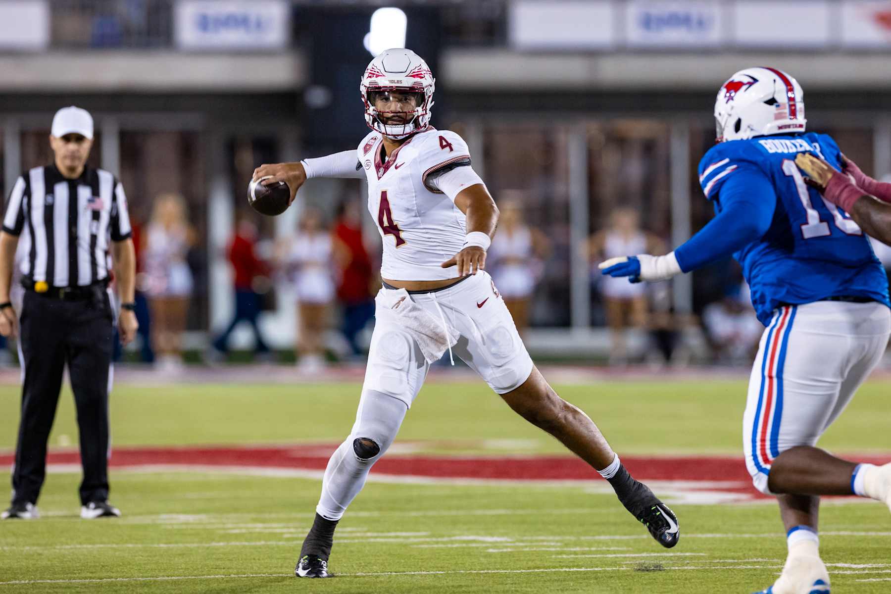 DALLAS, TX - SEPTEMBER 28: Florida State Seminoles quarterback DJ Uiagalelei (#4) throws a pass during the college football game between the SMU Mustangs and the Florida State Seminoles on September 28, 2024, at Gerald J. Ford Stadium in Dallas, TX.  (Photo by Matthew Visinsky/Icon Sportswire via Getty Images)