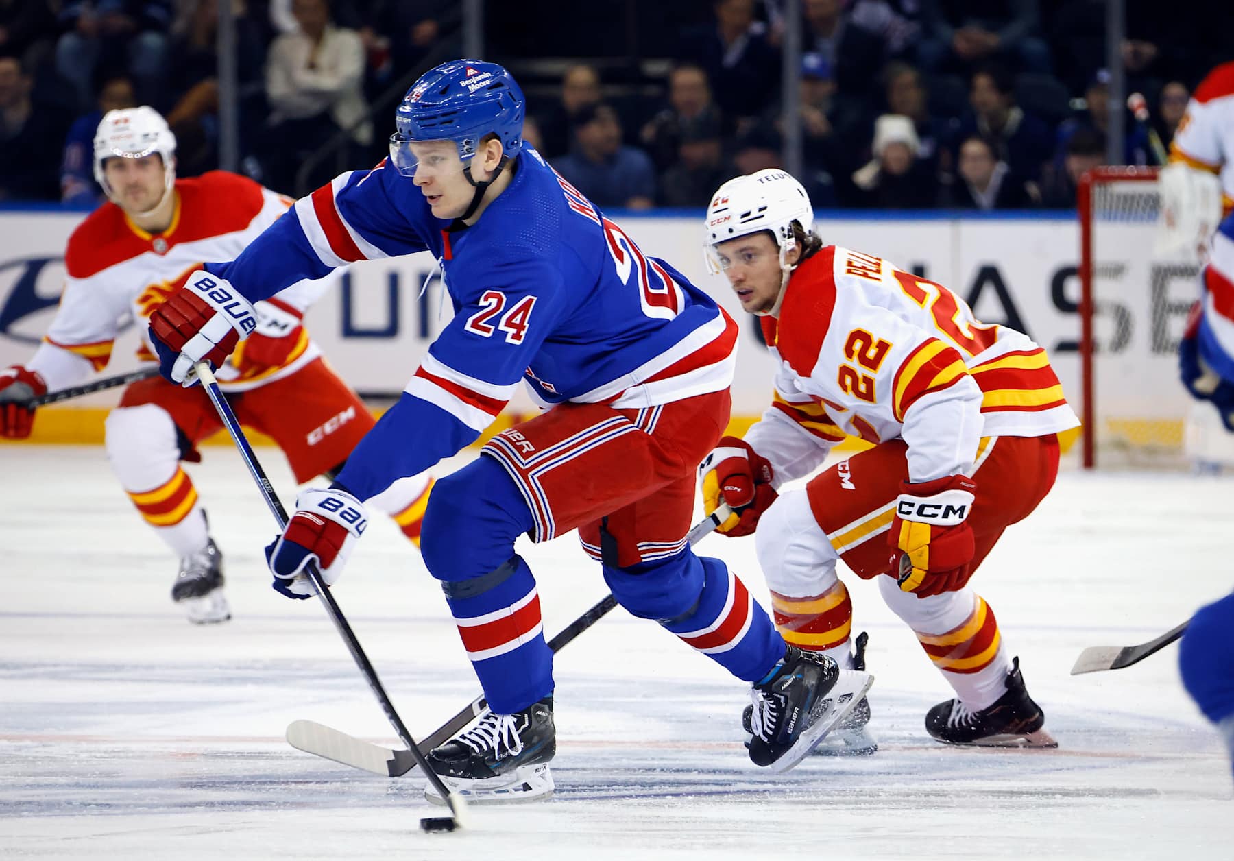 NEW YORK, NEW YORK - FEBRUARY 12: Kaapo Kakko #24 of the New York Rangers skates against the Calgary Flames during the first period at Madison Square Garden on February 12, 2024 in New York City. (Photo by Bruce Bennett/Getty Images)