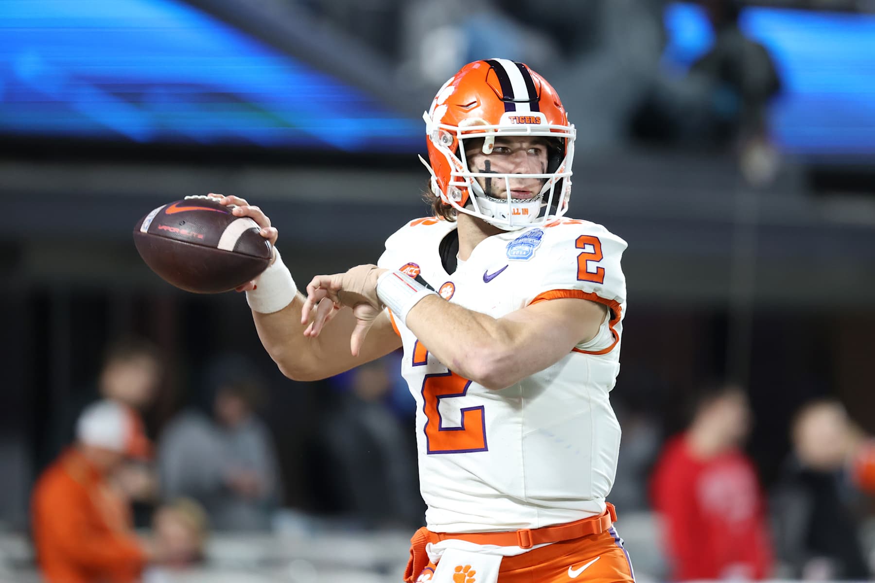 CHARLOTTE, NORTH CAROLINA - DECEMBER 07: Cade Klubnik #2 of the Clemson Tigers warms up during the second half of the 2024 ACC Football Championship at Bank of America Stadium on December 07, 2024 in Charlotte, North Carolina. (Photo by Isaiah Vazquez/Getty Images)