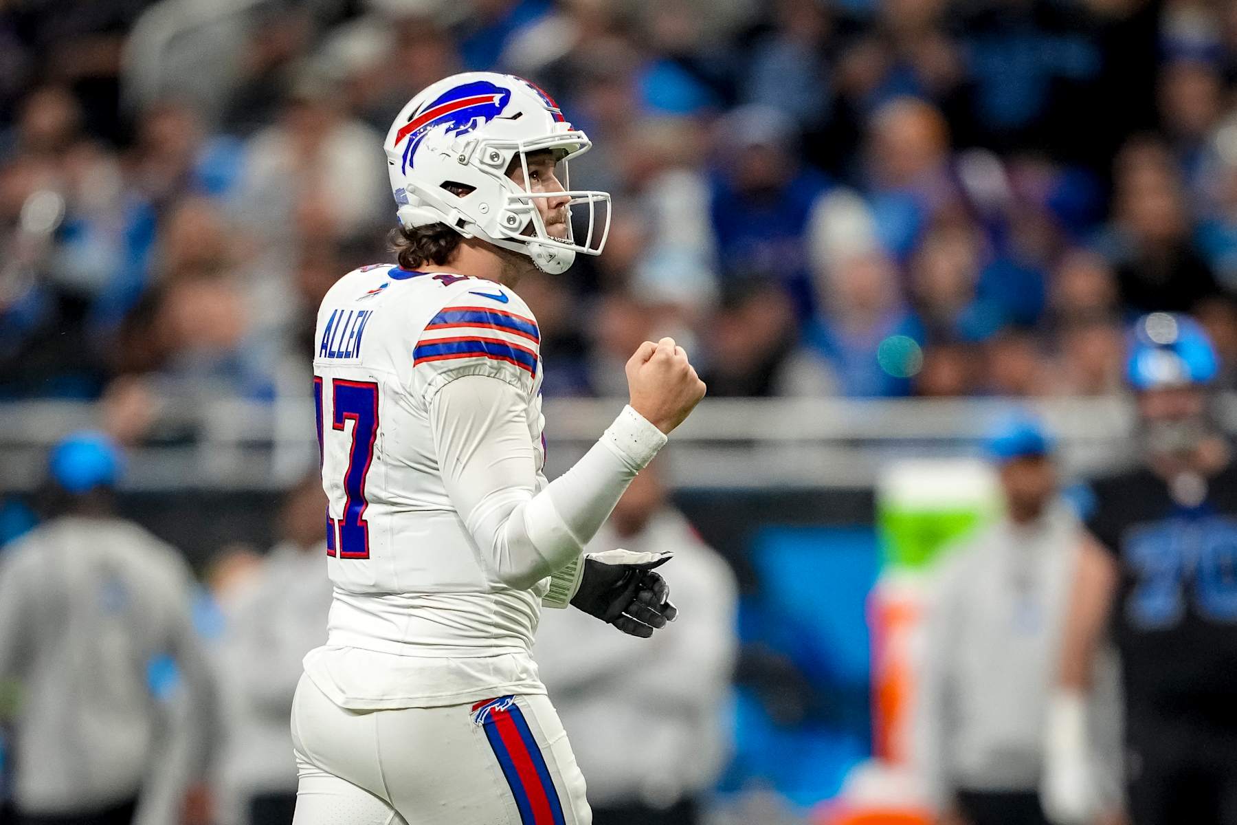 DETROIT, MICHIGAN - DECEMBER 15: Josh Allen #17 of the Buffalo Bills fist pumps and reacts against the Detroit Lions at Ford Field on December 15, 2024 in Detroit, Michigan. (Photo by Nic Antaya/Getty Images)