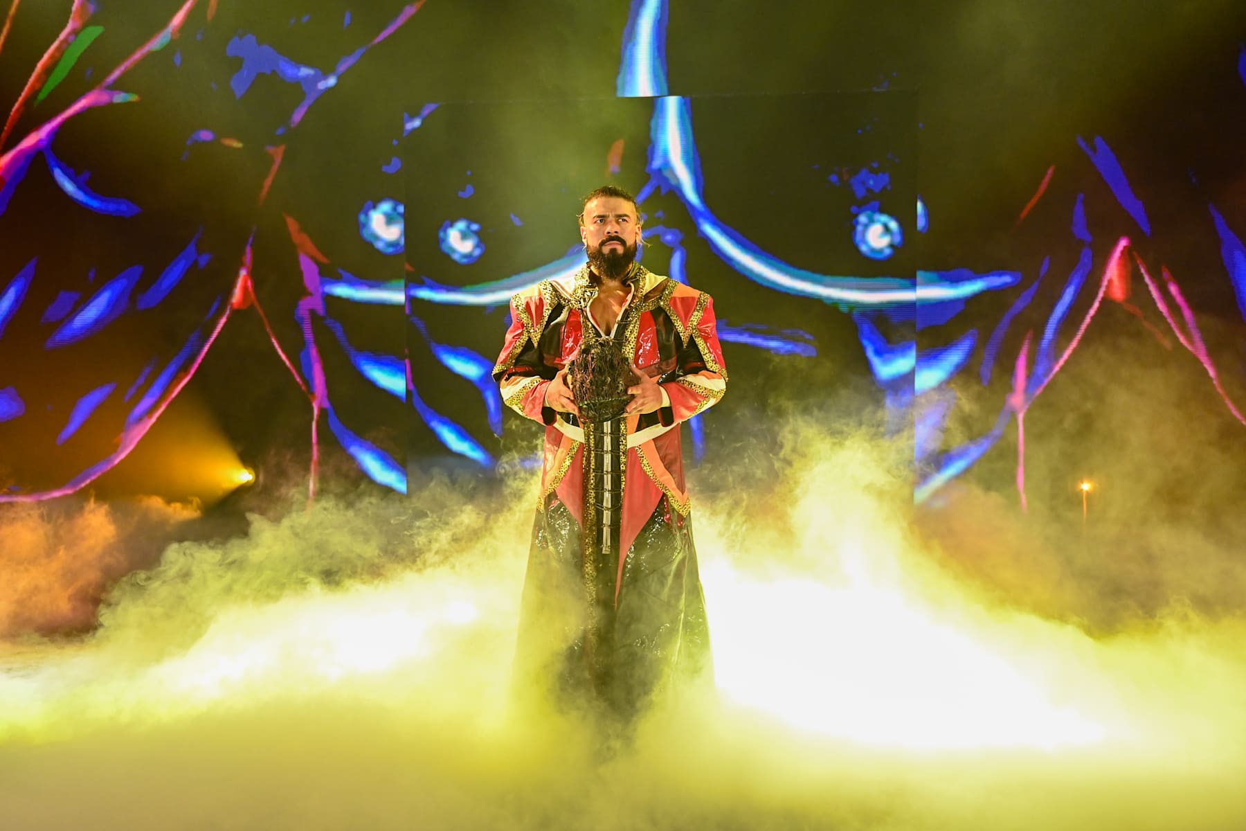 RIYADH, SAUDI ARABIA - NOVEMBER 2: Andrade enters the arena during Crown Jewel at Mohammed Abdo Arena on November 2, 2024 in Riyadh, Saudi Arabia. (Photo by WWE/Getty Images)