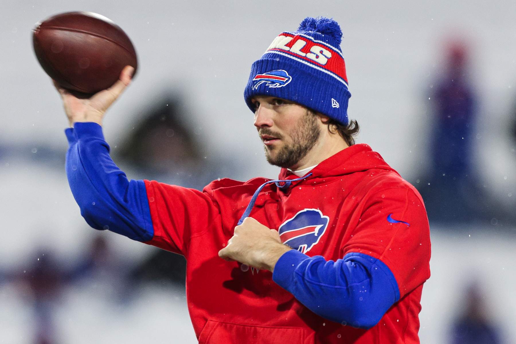 ORCHARD PARK, NEW YORK - DECEMBER 01: Josh Allen #17 of the Buffalo Bills warms up prior to a game against the San Francisco 49ers at Highmark Stadium on December 01, 2024 in Orchard Park, New York. (Photo by Bryan Bennett/Getty Images)