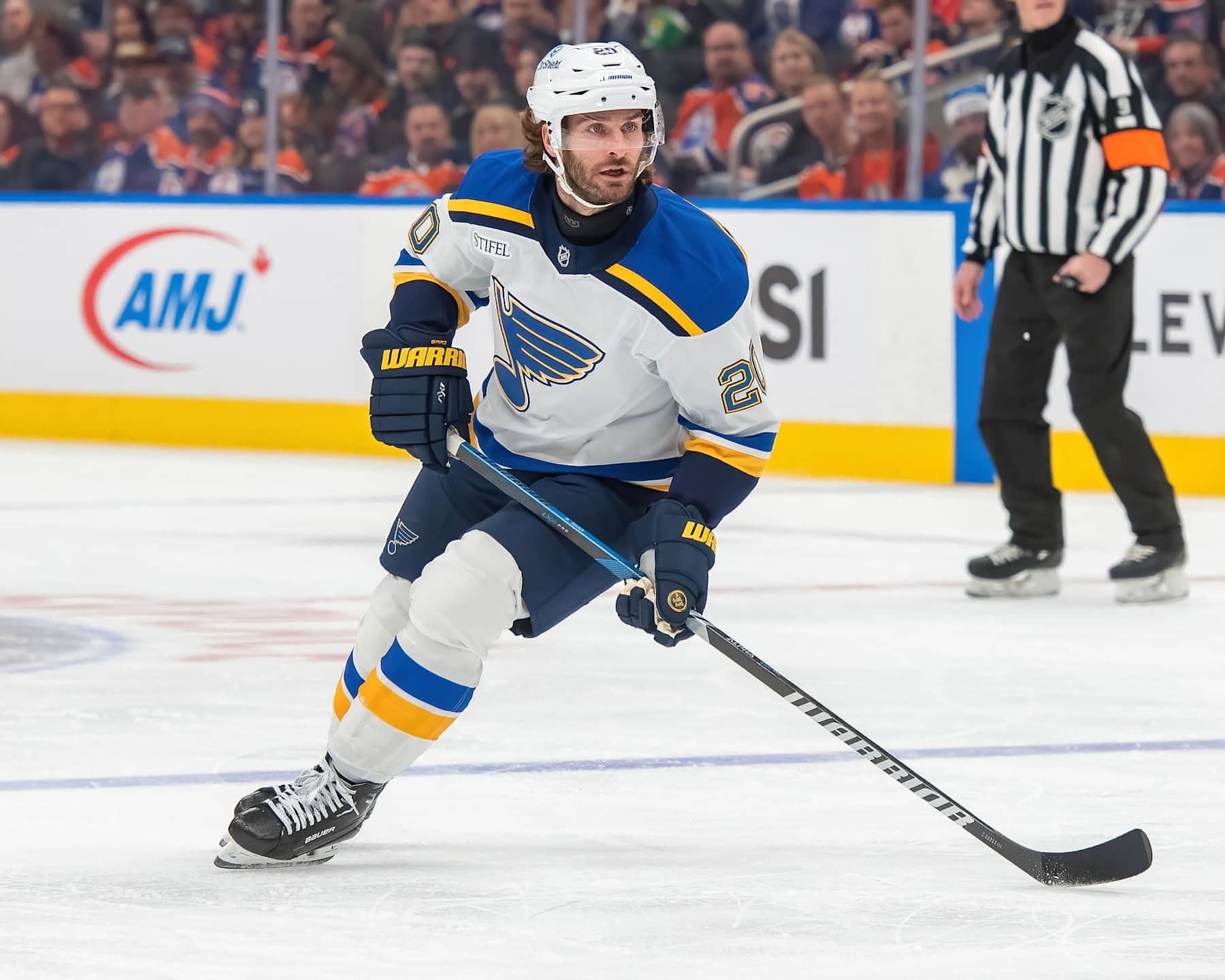 EDMONTON, CANADA DECEMBER 7: Brandon Saad #20 of the St. Louis Blues in action during the game against the Edmonton Oilers at Rogers Place on December 7, 2024, in Edmonton, Alberta, Canada. (Photo by Leila Devlin/Getty Images)