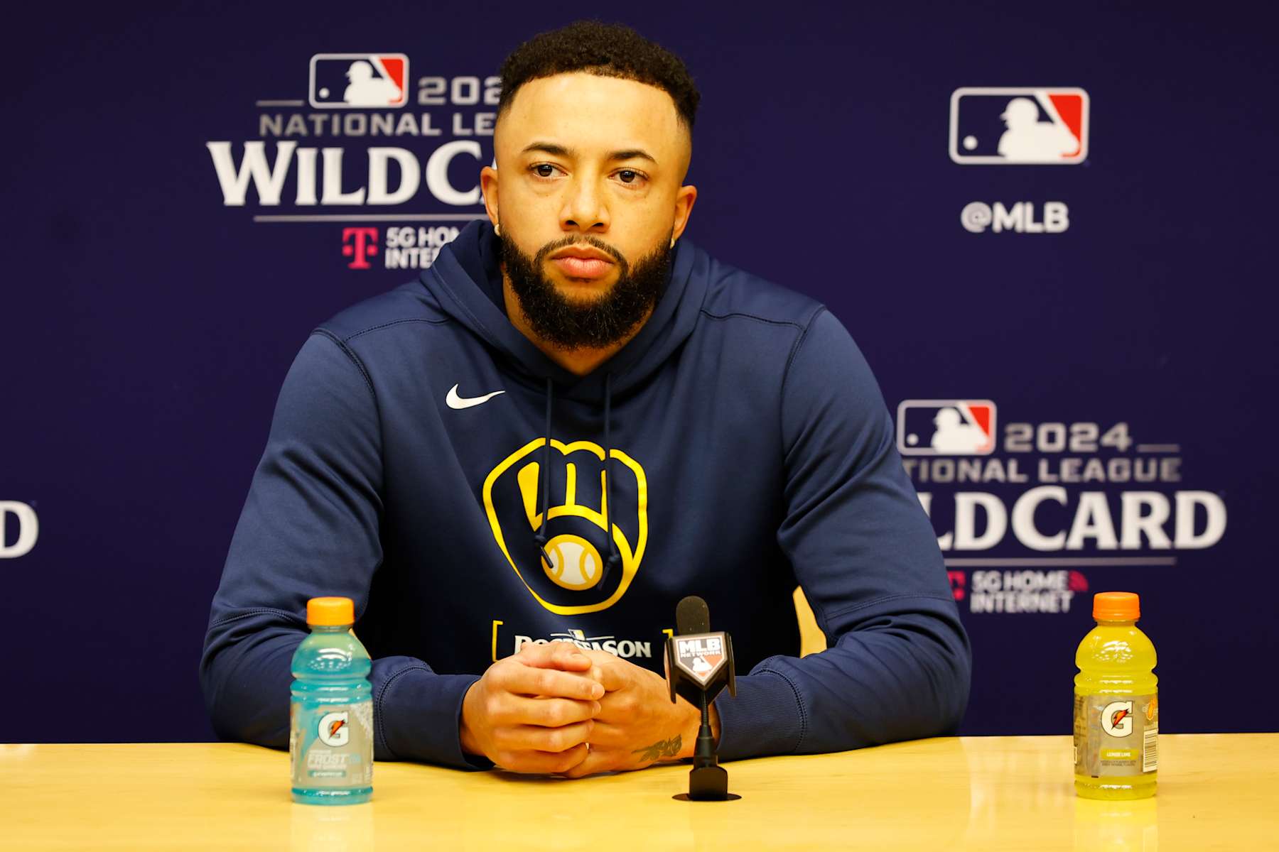 MILWAUKEE, WI - OCTOBER 01: Milwaukee Brewers pitcher Devin Williams (38) meets with the media prior to a 2024 National League Wild Card game between the Milwaukee Brewers and the New York Mets on October 1, 2024, at American Family Field in Milwaukee, WI. (Photo by Larry Radloff/Icon Sportswire via Getty Images)