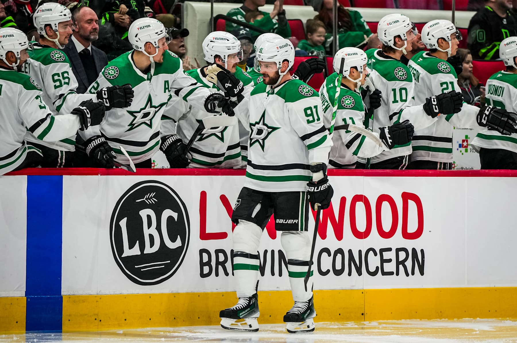 RALEIGH, NORTH CAROLINA - NOVEMBER 25: Tyler Seguin #91 of the Dallas Stars celebrates with teammates after a goal during the first period against the Carolina Hurricanes at Lenovo Center on November 25, 2024 in Raleigh, North Carolina. (Photo by Josh Lavallee/NHLI via Getty Images)