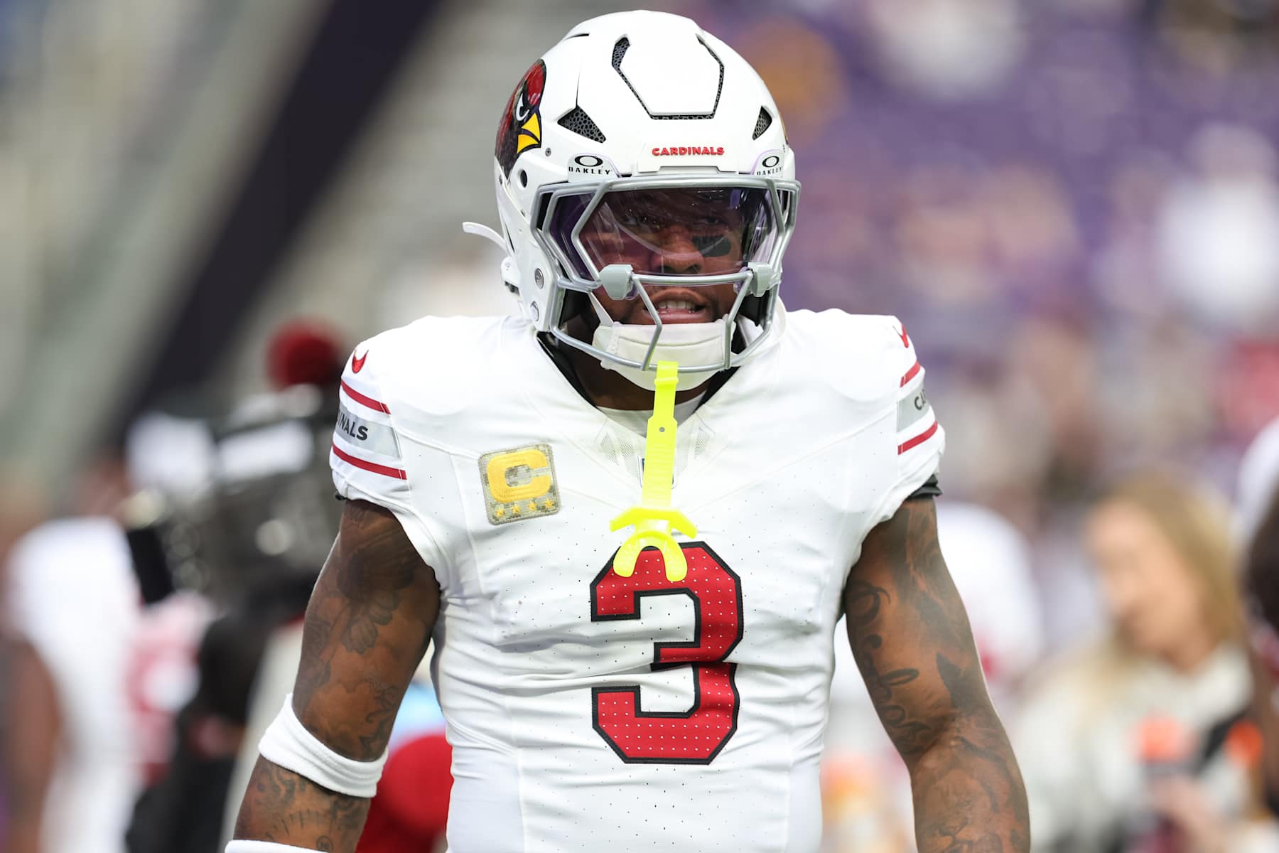 MINNEAPOLIS, MN - DECEMBER 01: Arizona Cardinals safety Budda Baker (3) looks on before the NFL game between the Arizona Cardinals and the Minnesota Vikings on December 1st, 2024, at U.S. Bank Stadium in Minneapolis, MN. (Photo by Bailey Hillesheim/Icon Sportswire via Getty Images)