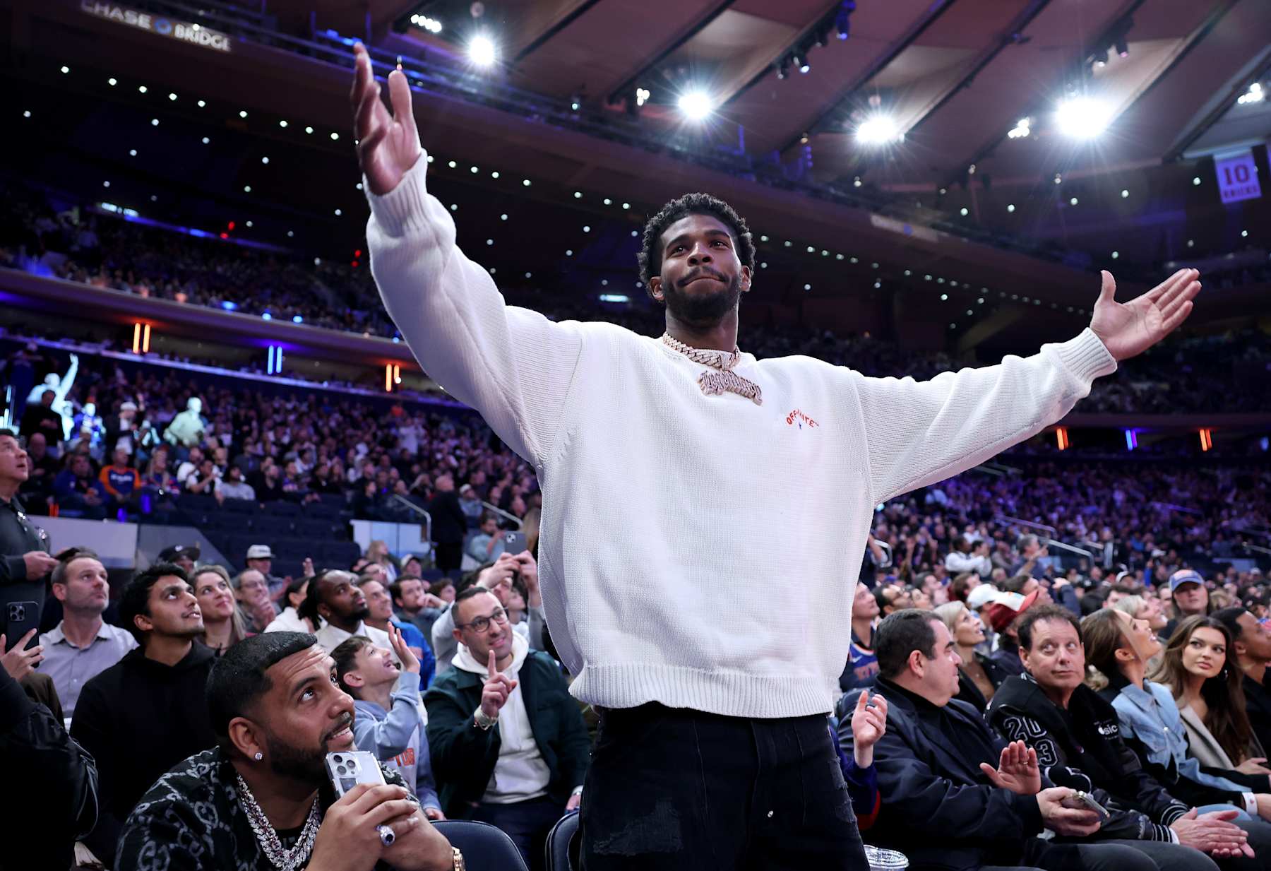NEW YORK, NEW YORK - DECEMBER 11:  Shedeur Sanders attends the quarterfinal game of the Emirates NBA Cup between the New York Knicks and the Atlanta Hawks at Madison Square Garden on December 11, 2024 in New York City. The Atlanta Hawks defeated the New York Knicks 108-100 to advance to the semifinal round. NOTE TO USER: User expressly acknowledges and agrees that, by downloading and or using this photograph, User is consenting to the terms and conditions of the Getty Images License Agreement. (Photo by Elsa/Getty Images)