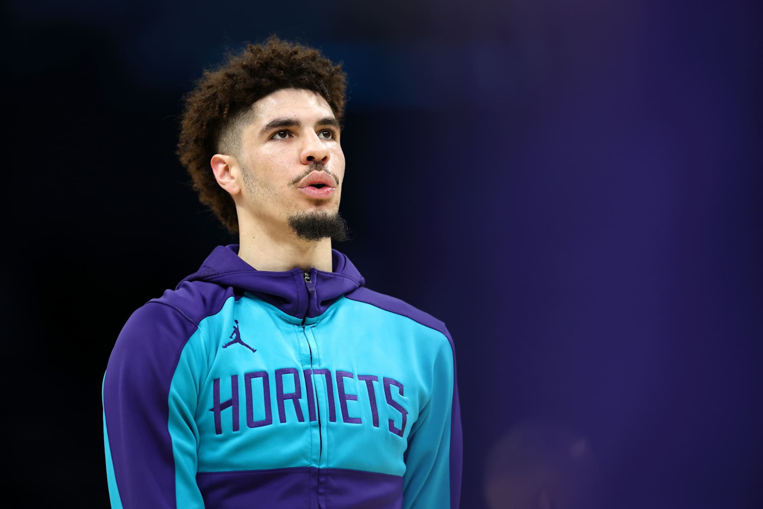 CHARLOTTE, NORTH CAROLINA - DECEMBER 16: LaMelo Ball #1 of the Charlotte Hornets reacts prior to the game against the Philadelphia 76ers at Spectrum Center on December 16, 2024 in Charlotte, North Carolina. NOTE TO USER: User expressly acknowledges and agrees that, by downloading and or using this photograph, User is consenting to the terms and conditions of the Getty Images License Agreement. (Photo by Jared C. Tilton/Getty Images)