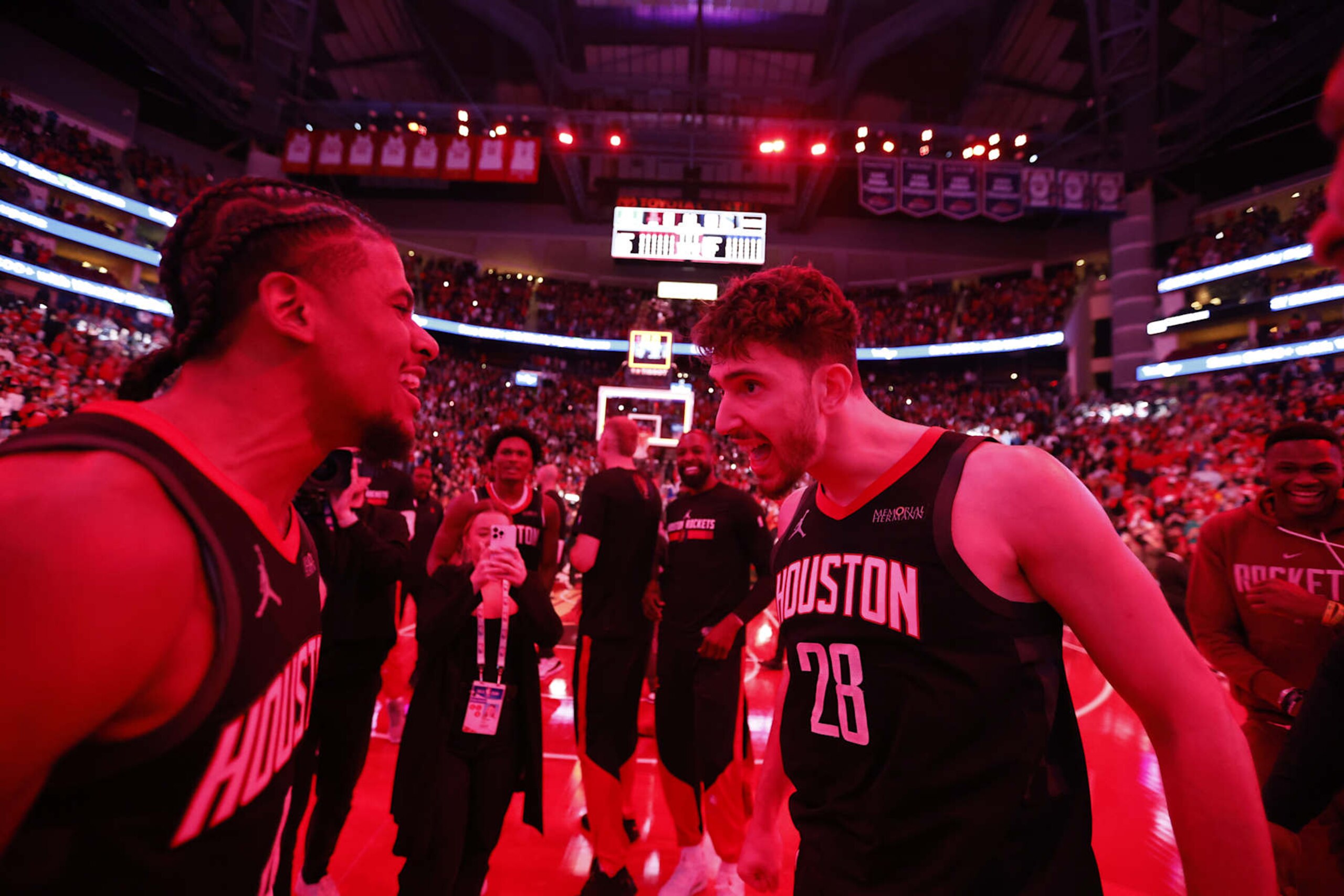 HOUSTON, TX - DECEMBER 11: Jalen Green #4 and Alperen Sengun #28 of the Houston Rockets celebrates after the game against the Golden State Warriors during the Emirates NBA Cup Quarterfinals on December 11, 2024 at the Toyota Center in Houston, Texas. NOTE TO USER: User expressly acknowledges and agrees that, by downloading and or using this photograph, User is consenting to the terms and conditions of the Getty Images License Agreement. Mandatory Copyright Notice: Copyright 2024 NBAE (Photo by Logan Riely/NBAE via Getty Images)