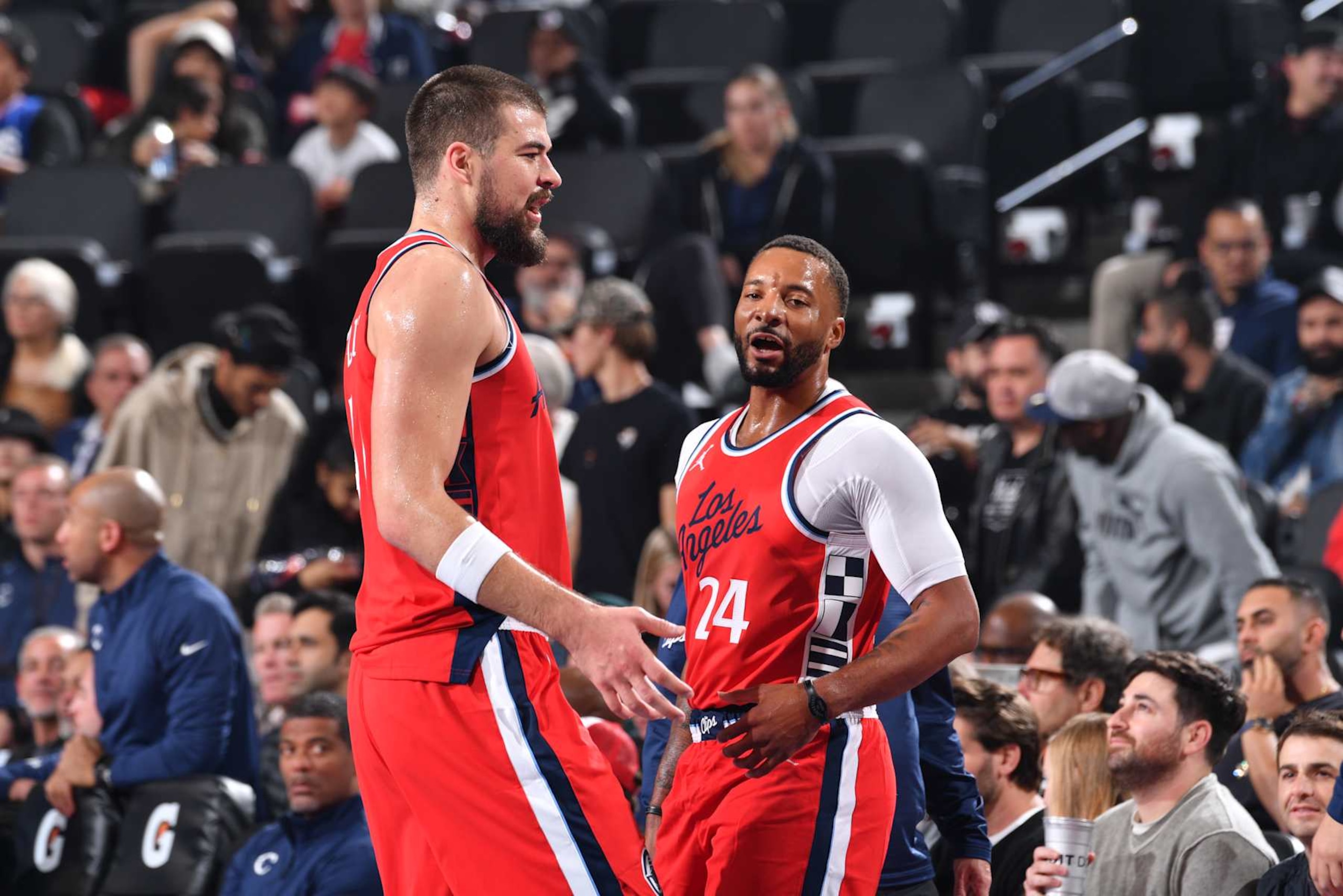 INGLEWOOD, CA - DECEMBER 3: Ivica Zubac #40 and Norman Powell #24 of the LA Clippers talk during the game against the Portland Trail Blazers on December 3, 2024 at Intuit Dome in Los Angeles, California. NOTE TO USER: User expressly acknowledges and agrees that, by downloading and/or using this Photograph, user is consenting to the terms and conditions of the Getty Images License Agreement. Mandatory Copyright Notice: Copyright 2024 NBAE (Photo by Juan Ocampo/NBAE via Getty Images)
