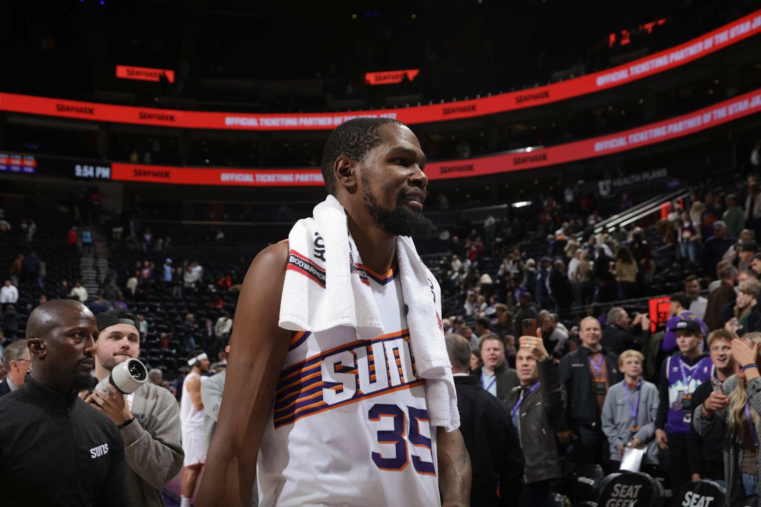SALT LAKE CITY, UT - DECEMBER 13: Kevin Durant #35 of the Phoenix Suns smiles after the game against the Utah Jazz  during a regular season game on December 13, 2024 at Delta Center in Salt Lake City, Utah. NOTE TO USER: User expressly acknowledges and agrees that, by downloading and or using this Photograph, User is consenting to the terms and conditions of the Getty Images License Agreement. Mandatory Copyright Notice: Copyright 2024 NBAE (Photo by Melissa Majchrzak/NBAE via Getty Images)