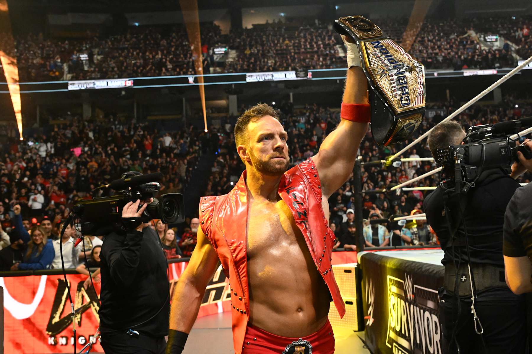 VANCOUVER, CANADA - NOVEMBER 30: LA Knight makes his way to the ring during WWE Survivor Series: War Games at Rogers Arena on November 30, 2024 in Vancouver, Canada. (Photo by WWE/Getty Images)