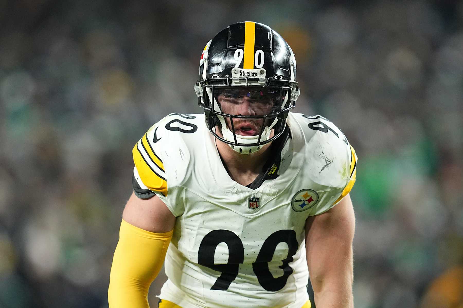 PHILADELPHIA, PENNSYLVANIA - DECEMBER 15: T.J. Watt #90 of the Pittsburgh Steelers looks on against the Philadelphia Eagles at Lincoln Financial Field on December 15, 2024 in Philadelphia, Pennsylvania. (Photo by Mitchell Leff/Getty Images)