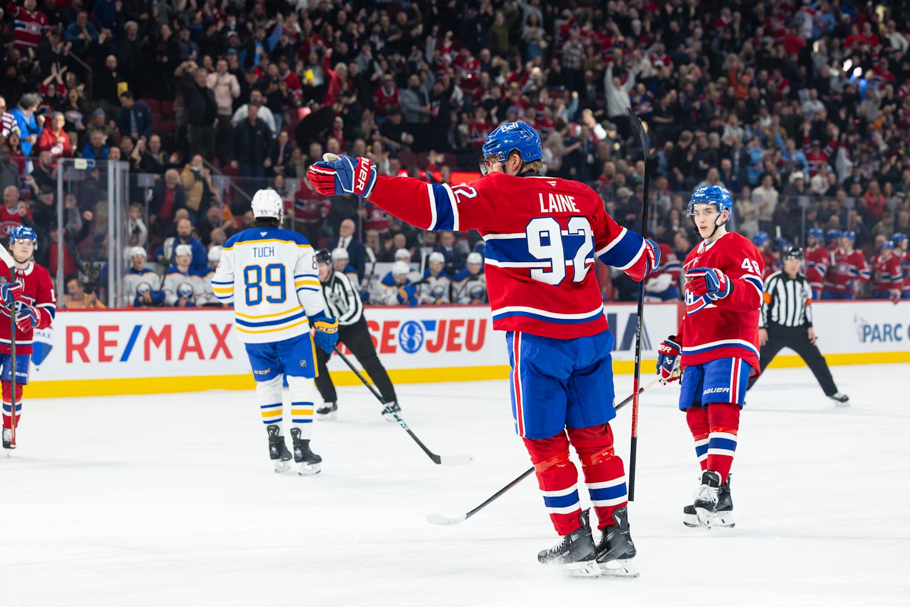 MONTREAL, CANADA- DECEMBER 17: Patrik Laine #92 of the Montreal Canadiens celebrates after scoring a goal during the first period of the NHL regular season game between the Montreal Canadiens and the Buffalo Sabres at the Bell Centre on December 17, 2024 in Montreal, Quebec, Canada. (Photo by Vitor Munhoz/NHLI via Getty Images)