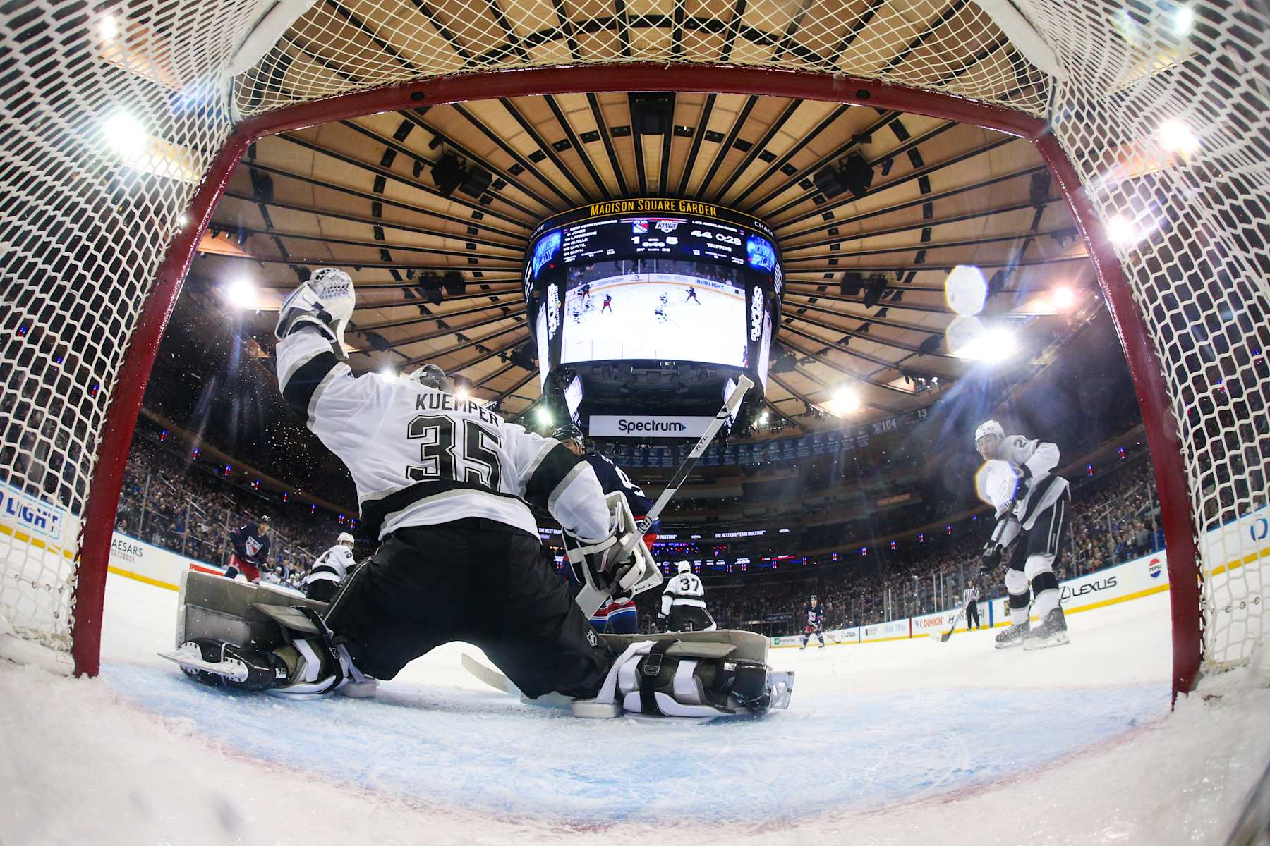 NEW YORK, NEW YORK - DECEMBER 14: Darcy Kuemper #35 of the Los Angeles Kings tends the net against the New York Rangers at Madison Square Garden on December 14, 2024 in New York City. (Photo by Jared Silber/NHLI via Getty Images)