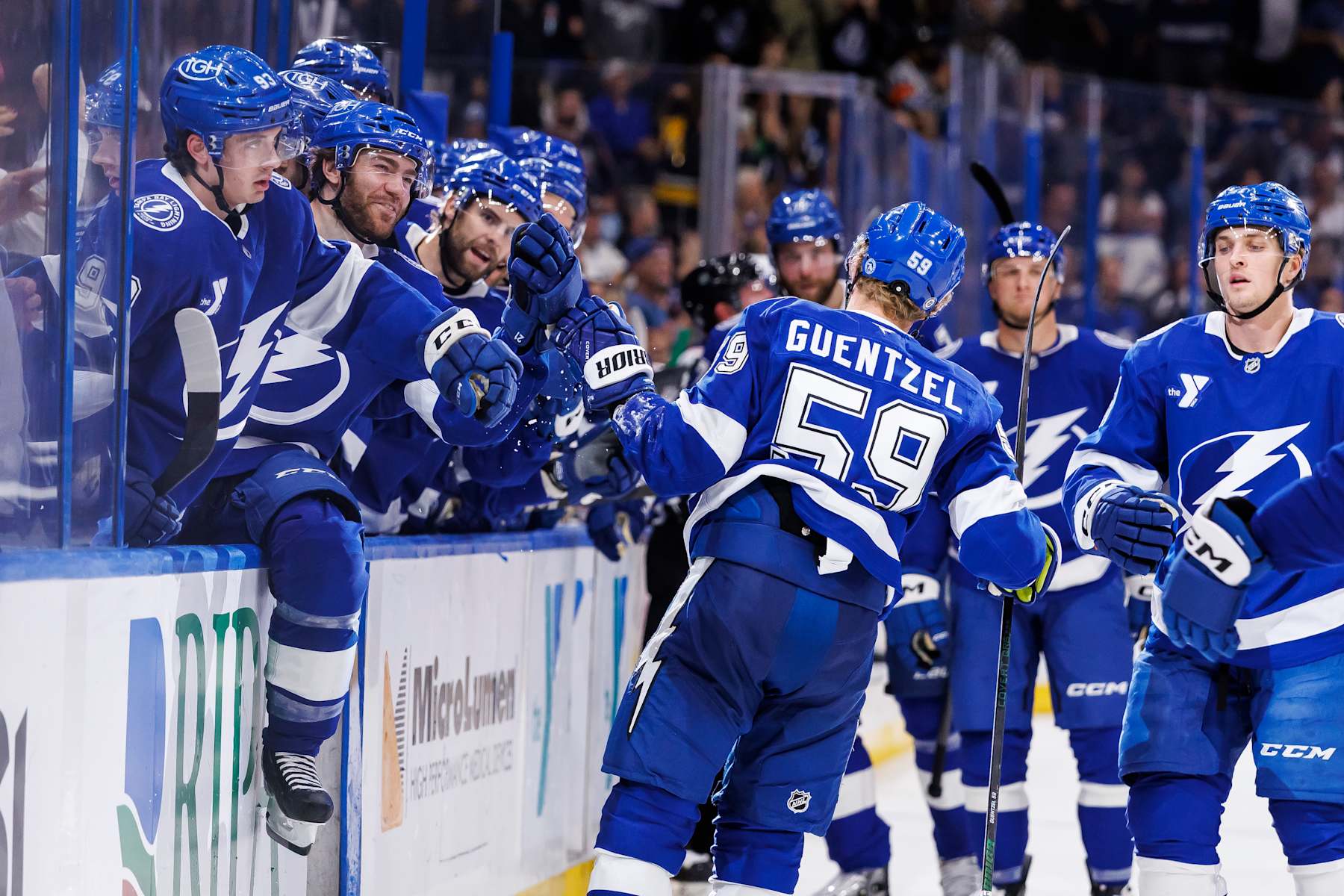 TAMPA, FL - DECEMBER 17: Jake Guentzel #59 of the Tampa Bay Lightning celebrates a goal with teammates against the Columbus Blue Jackets at Amalie Arena on December 17, 2024 in Tampa, Florida. (Photo by Mark LoMoglio/NHLI via Getty Images)