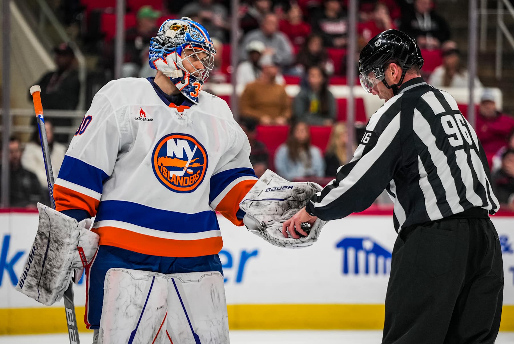 RALEIGH, NORTH CAROLINA - DECEMBER 17: Ilya Sorokin #30 of the New York Islanders looks on during the first period against the Carolina Hurricanes at Lenovo Center on December 17, 2024 in Raleigh, North Carolina. (Photo by Josh Lavallee/NHLI via Getty Images)