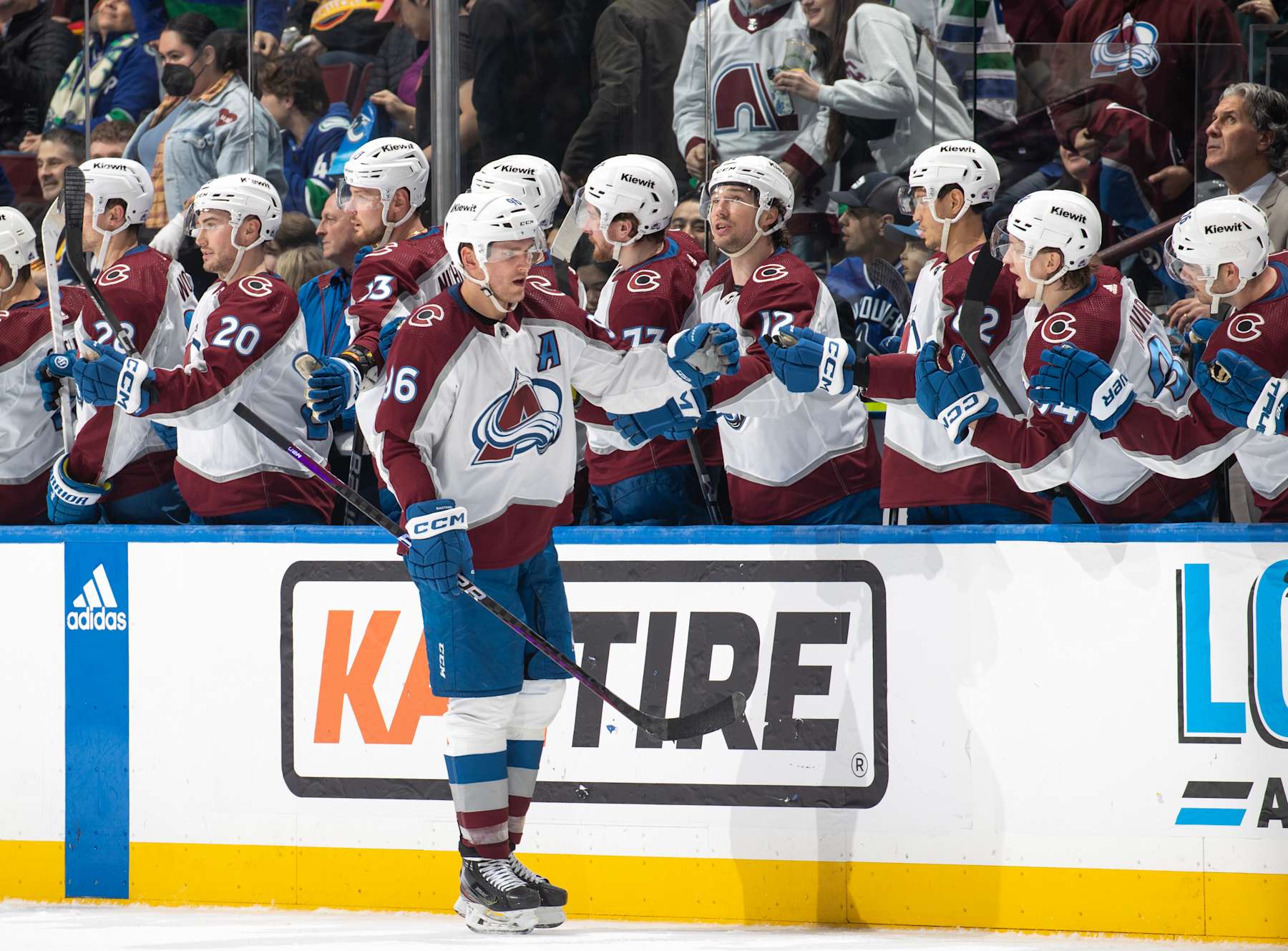 VANCOUVER, CANADA - MARCH 13: Mikko Rantanen #96 of the Colorado Avalanche celebrates his goal with teammates during the second period of their NHL game against the Vancouver Canucks at Rogers Arena on March 13, 2024 in Vancouver, British Columbia, Canada. (Photo by Jeff Vinnick/NHLI via Getty Images)