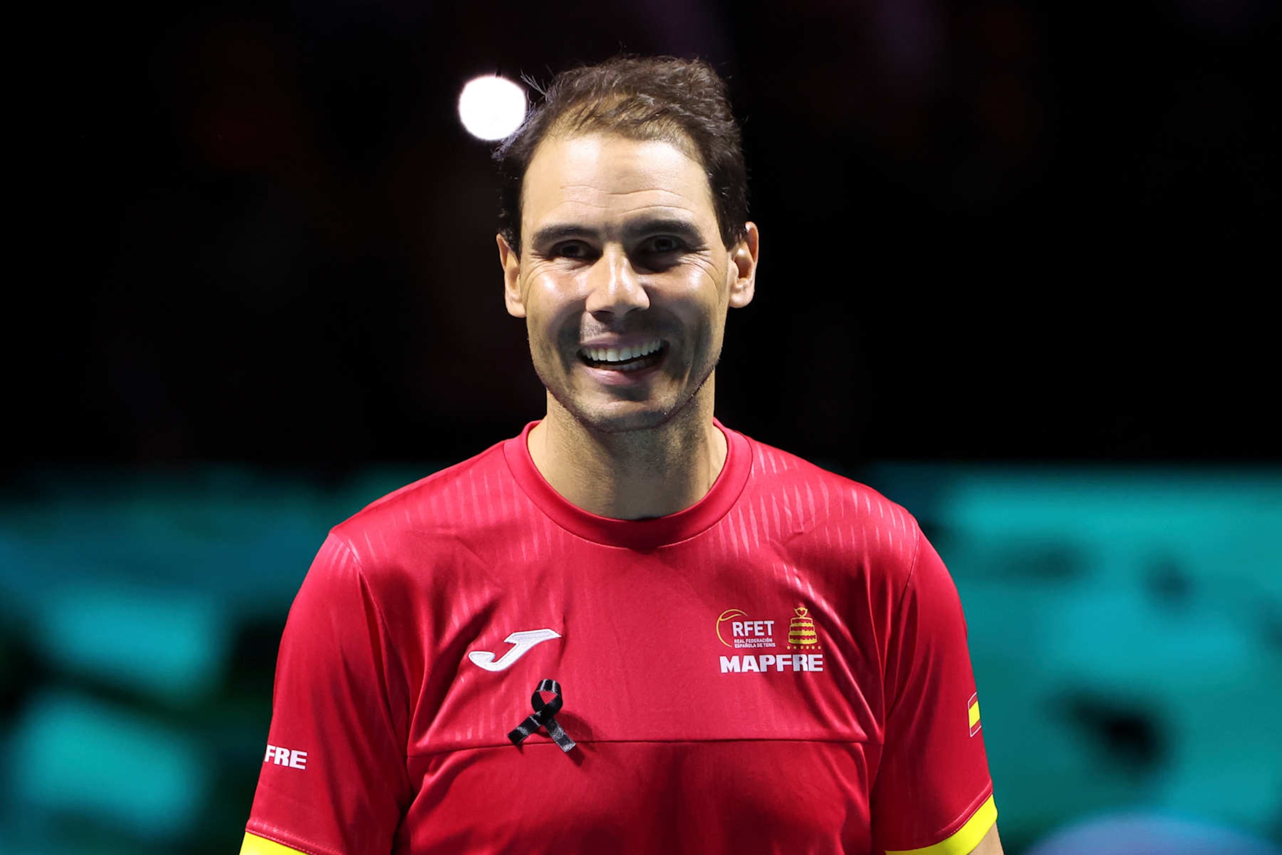 MALAGA, SPAIN - NOVEMBER 19: Rafael Nadal of Spain during his farewell ceremony after losing the Davis Cup Finals quarterfinal tie between Netherlands and Spain at Palacio de Deportes Jose Maria Martin Carpena on November 19, 2024 in Malaga, Spain. (Photo by Jean Catuffe/Getty Images)