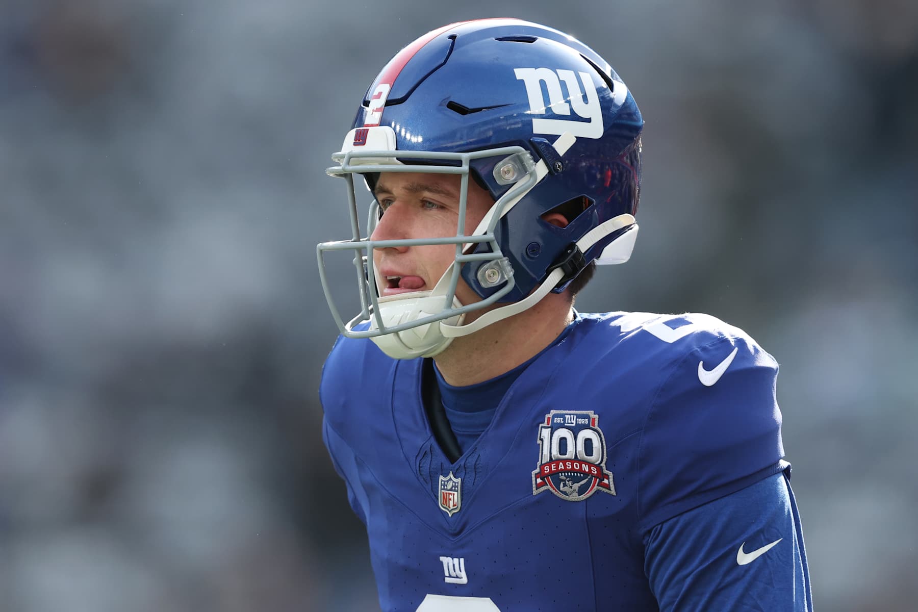 EAST RUTHERFORD, NEW JERSEY - DECEMBER 08: Drew Lock #2 of the New York Giants warms up prior to the game at MetLife Stadium on December 08, 2024 in East Rutherford, New Jersey. (Photo by Elsa/Getty Images)