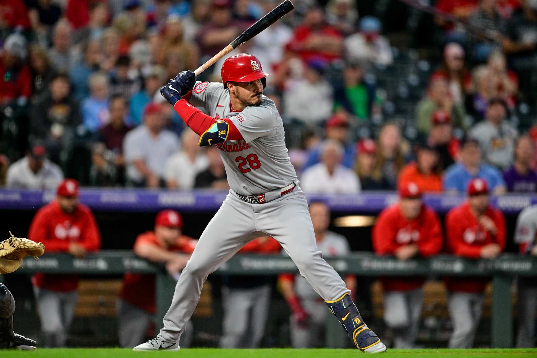 DENVER, CO - SEPTEMBER 24: St. Louis Cardinals third baseman Nolan Arenado (28) bats in the second inning during a game between the St. Louis Cardinals and the Colorado Rockies at Coors Field on September 24, 2024 in Denver, Colorado. (Photo by Dustin Bradford/Icon Sportswire via Getty Images)