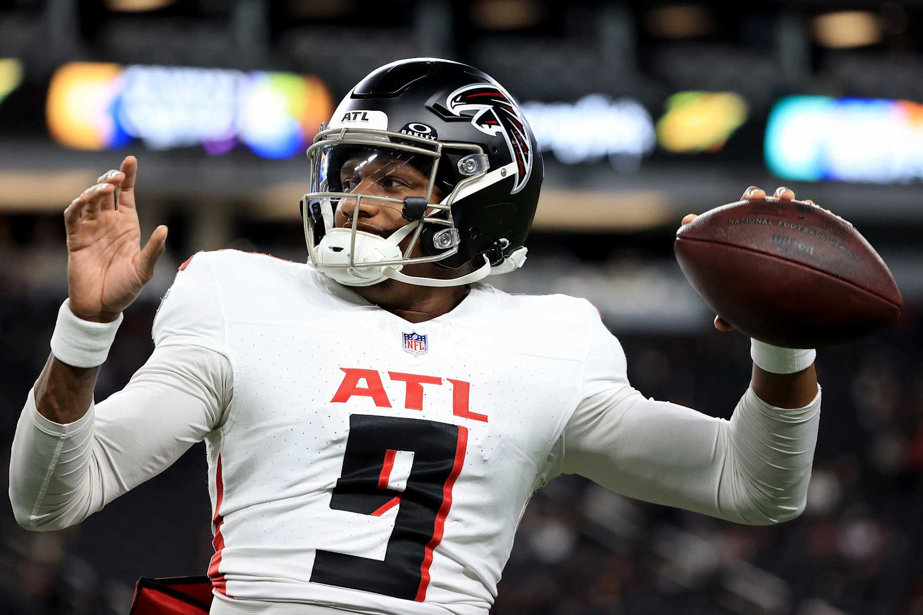 LAS VEGAS, NEVADA - DECEMBER 16: Michael Penix Jr. #9 of the Atlanta Falcons warms up prior to the game against the Las Vegas Raiders at Allegiant Stadium on December 16, 2024 in Las Vegas, Nevada. (Photo by Ian Maule/Getty Images)