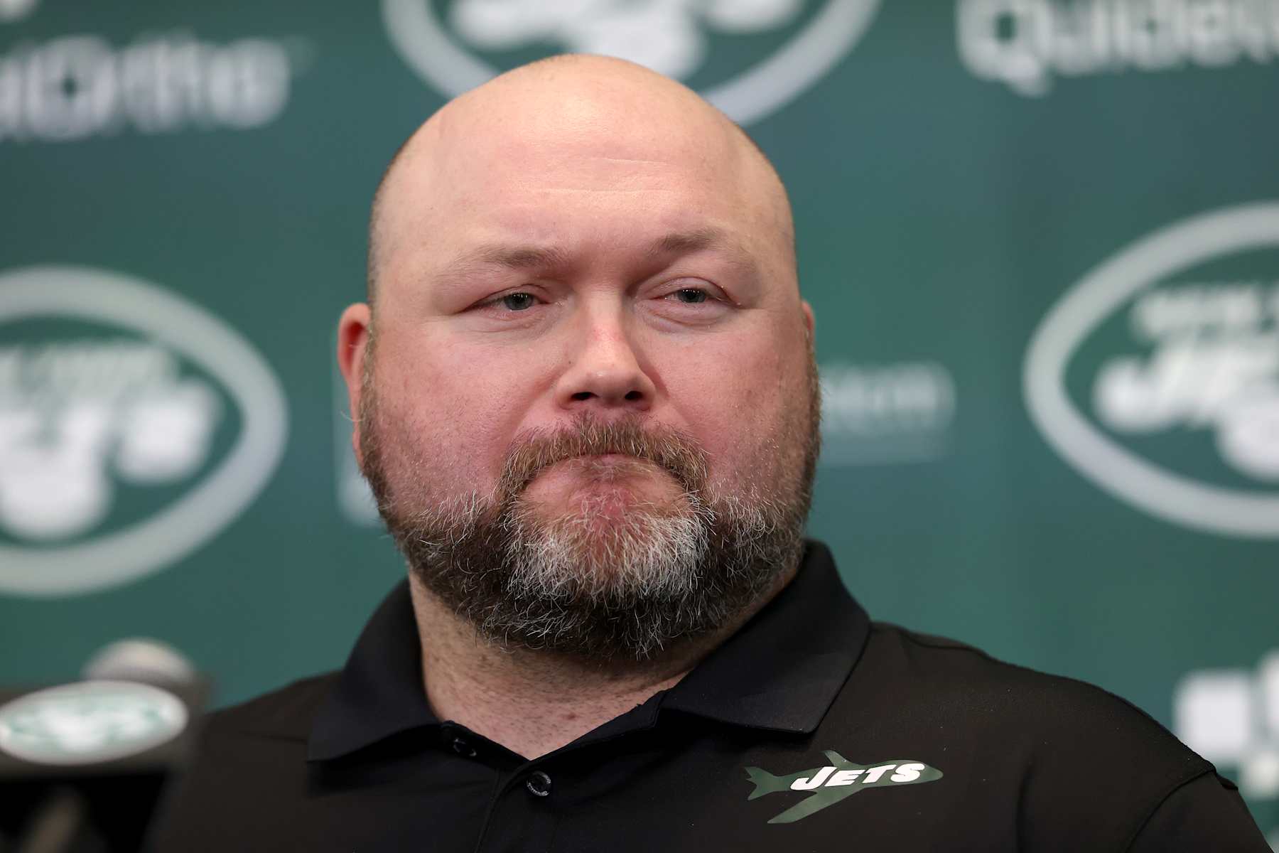 FLORHAM PARK, NEW JERSEY - APRIL 26: New York Jets general manager Joe Douglas attends a press conference to introduce Aaron Rodgers as the new quarterback for the New York Jets at Atlantic Health Jets Training Center on April 26, 2023 in Florham Park, New Jersey. (Photo by Elsa/Getty Images)