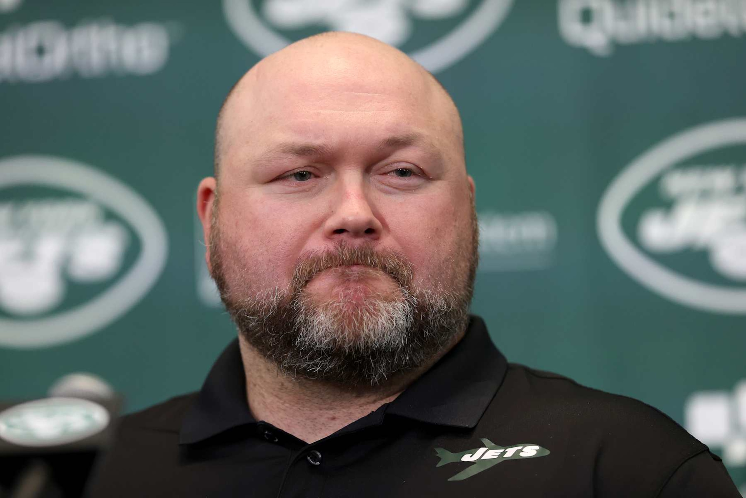 FLORHAM PARK, NEW JERSEY - APRIL 26: New York Jets general manager Joe Douglas attends a press conference to introduce Aaron Rodgers as the new quarterback for the New York Jets at Atlantic Health Jets Training Center on April 26, 2023 in Florham Park, New Jersey. (Photo by Elsa/Getty Images)