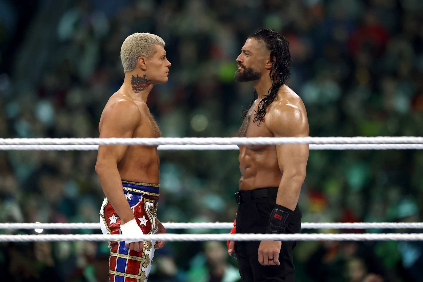 PHILADELPHIA, PENNSYLVANIA - APRIL 07: Roman Reigns and Cody Rhodes look on during Night Two at Lincoln Financial Field on April 07, 2024 in Philadelphia, Pennsylvania. (Photo by Tim Nwachukwu/Getty Images)