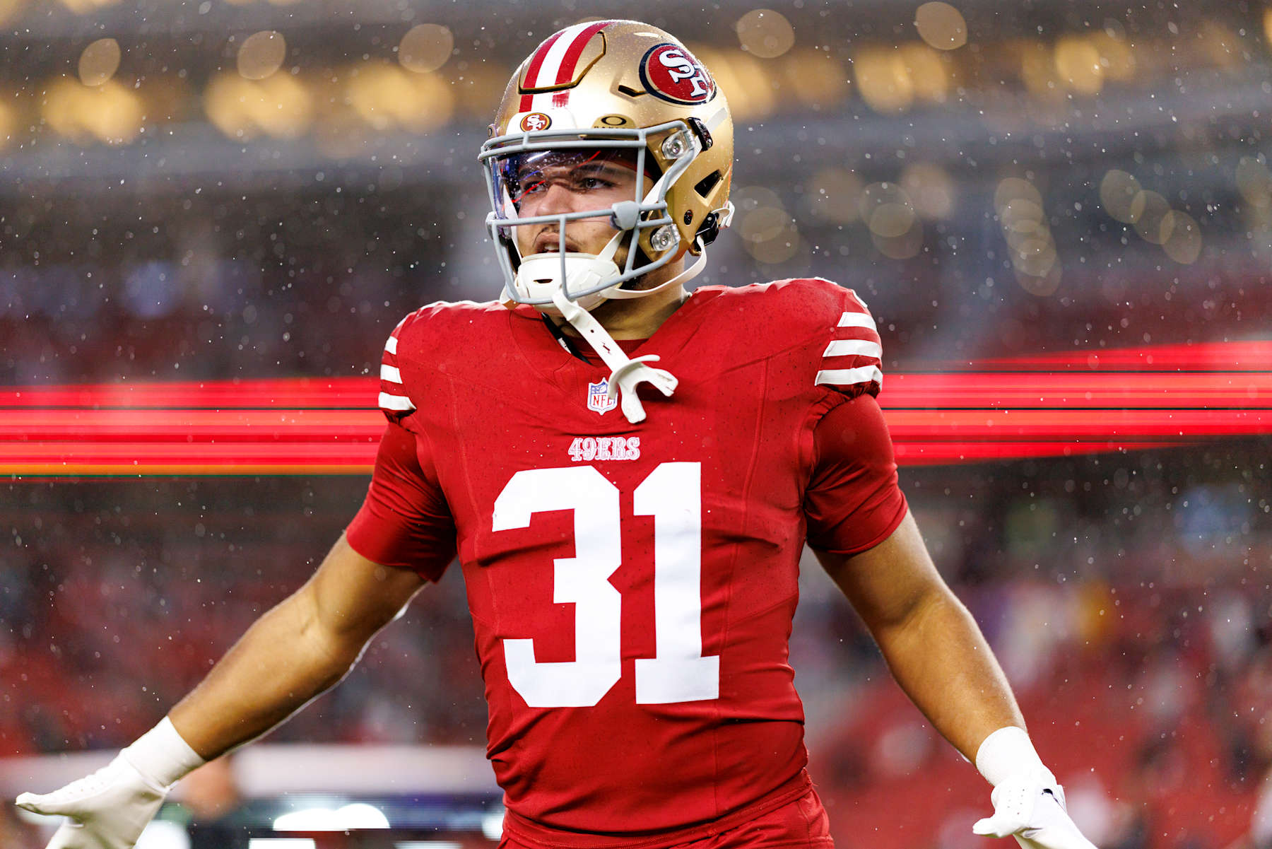 SANTA CLARA, CALIFORNIA - DECEMBER 12: Running back Isaac Guerendo #31 of the San Francisco 49ers stands on the field prior to an NFL football game against the Los Angeles Rams, at Levi's Stadium on December 12, 2024 in Santa Clara, California. (Photo by Brooke Sutton/Getty Images)
