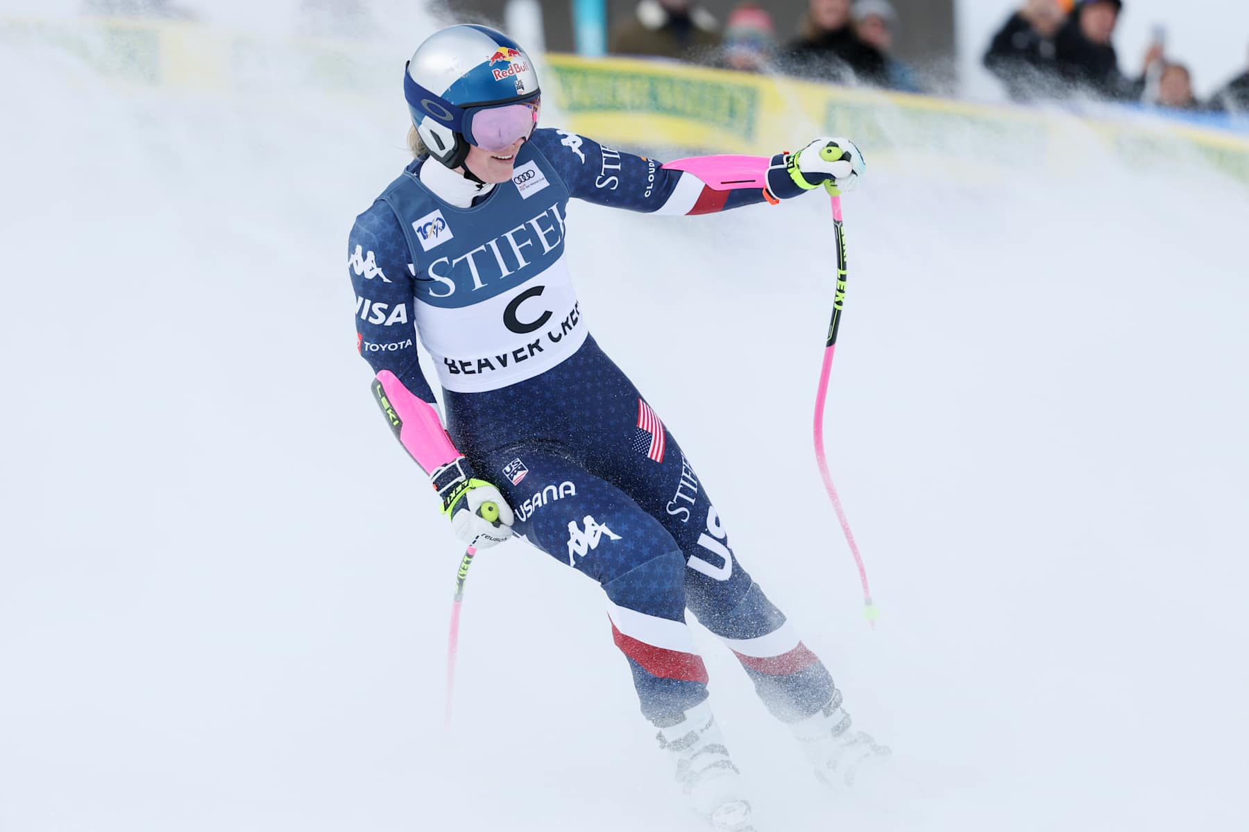 BEAVER CREEK, COLORADO - DECEMBER 15: Forerunner Lindsey Vonn of the United States reacts after skiing the Beaver Creek Women's Super G at Beaver Creek Resort on December 15, 2024 in Beaver Creek, Colorado. (Photo by Sean M. Haffey/Getty Images)