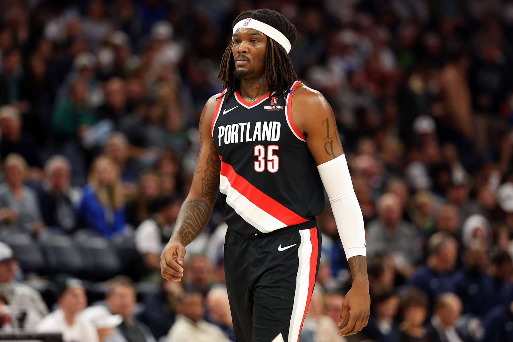 MINNEAPOLIS, MINNESOTA - NOVEMBER 08: Robert Williams III #35 of the Portland Trail Blazers looks on against the Minnesota Timberwolves in the second quarter at Target Center on November 08, 2024 in Minneapolis, Minnesota. The Timberwolves defeated the Trail Blazers 127-102 NOTE TO USER: User expressly acknowledges and agrees that, by downloading and or using this photograph, User is consenting to the terms and conditions of the Getty Images License Agreement. (Photo by David Berding/Getty Images)