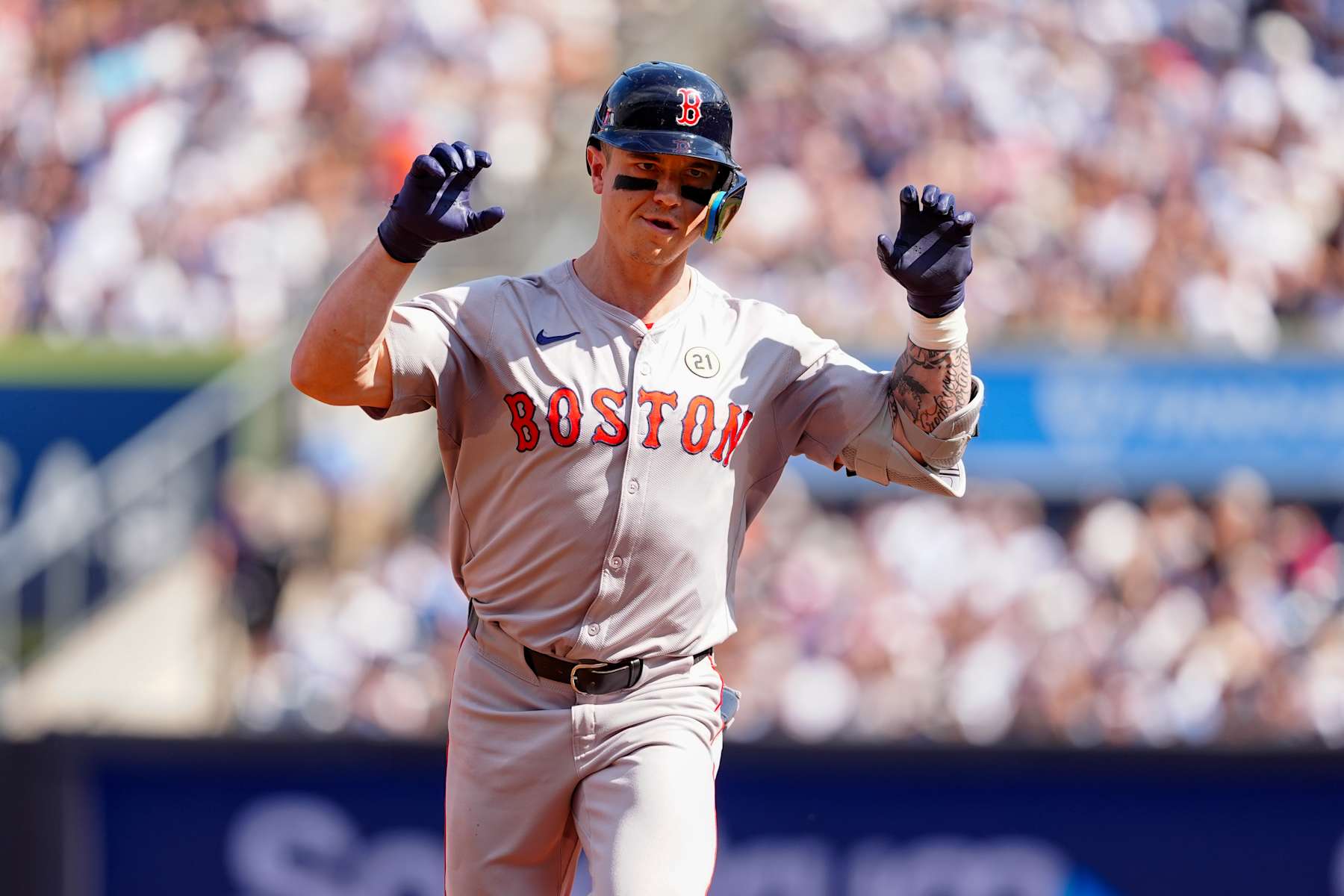 BRONX, NY - SEPTEMBER 15: Boston Red Sox Right Fielder Tyler O'Neill (17) reacts to hitting a two run home run as he rounds the bases during the fourth inning of the Major League Baseball game between the Boston Red Sox and the New York Yankees on September 15, 2024, at Yankee Stadium in The Bronx, NY. (Photo by Gregory Fisher/Icon Sportswire via Getty Images)