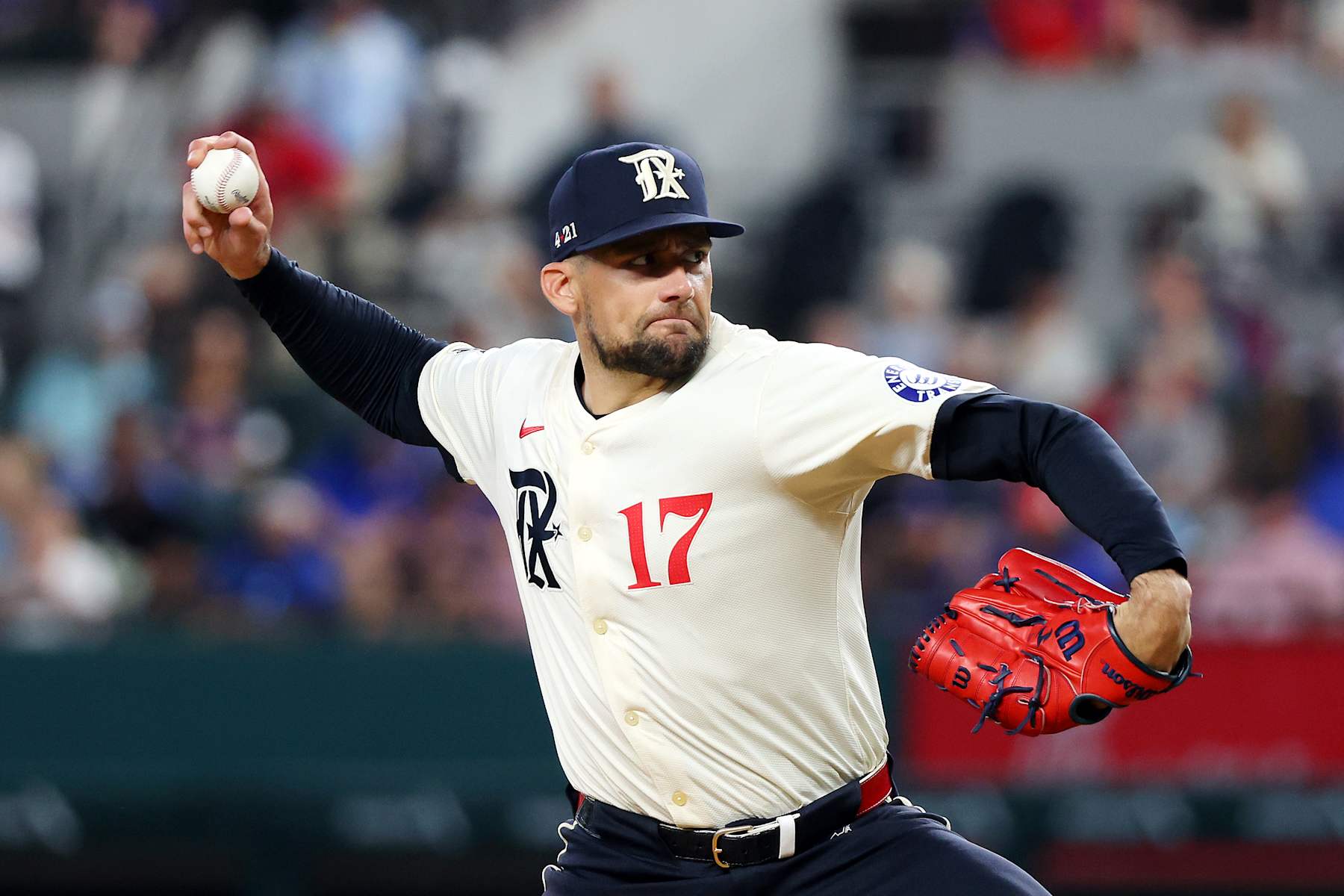 ARLINGTON, TEXAS - JUNE 21: Nathan Eovaldi #17 of the Texas Rangers pitches in the second inning against the Kansas City Royals at Globe Life Field on June 21, 2024 in Arlington, Texas. (Photo by Richard Rodriguez/Getty Images)