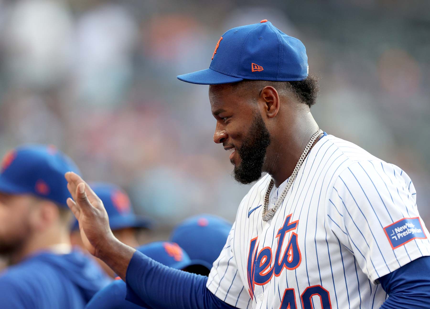NEW YORK, NEW YORK - JUNE 13:  Luis Severino #40 of the New York Mets is greeted by teammates in the dugout after the third inning against the Miami Marlins at Citi Field on June 13, 2024 in Flushing neighborhood of the Queens borough of New York City. (Photo by Elsa/Getty Images)