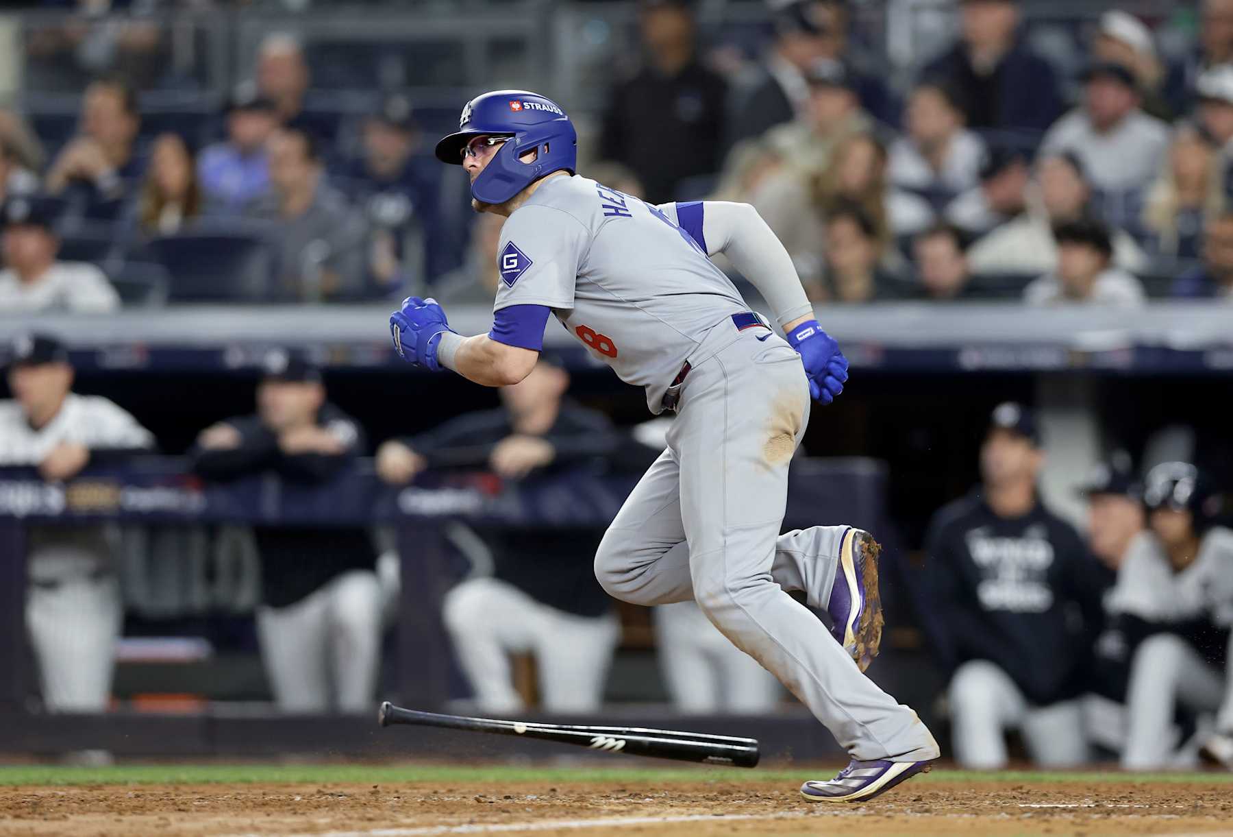 NEW YORK, NEW YORK - OCTOBER 30: (NEW YORK DAILIES OUT) Enrique Hernandez #8 of the Los Angeles Dodgers singles during the eighth inning against the New York Yankees during Game Five of the 2024 World Series at Yankee Stadium on October 30, 2024 in New York City. The Dodgers defeated the Yankees 7-6. (Photo by Jim McIsaac/Getty Images)