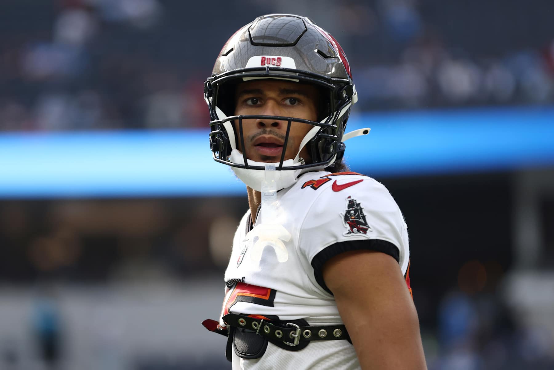 INGLEWOOD, CALIFORNIA - DECEMBER 15: Jalen McMillan #15 of the Tampa Bay Buccaneers looks on prior to the game against the Los Angeles Chargers at SoFi Stadium on December 15, 2024 in Inglewood, California. (Photo by Katelyn Mulcahy/Getty Images)