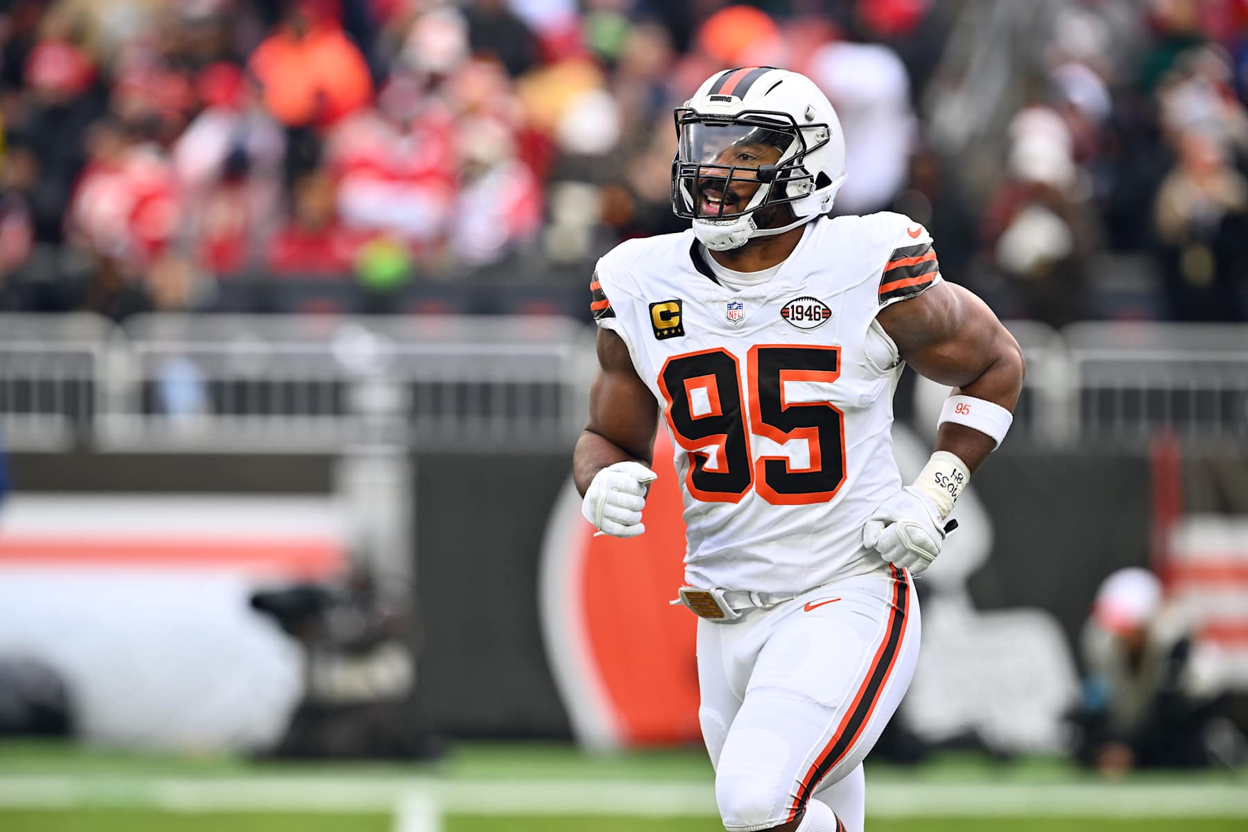 CLEVELAND, OHIO - DECEMBER 15: Defensive end Myles Garrett #95 of the Cleveland Browns runs on the field during the first quarter against the Kansas City Chiefs at Huntington Bank Field on December 15, 2024 in Cleveland, Ohio. The Chiefs defeated the Browns 21-7. (Photo by Jason Miller/Getty Images)