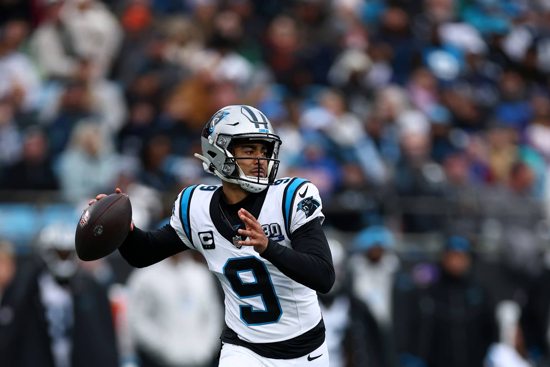 CHARLOTTE, NORTH CAROLINA - DECEMBER 15: Bryce Young #9 of the Carolina Panthers looks to pass during the first half of the game against the Dallas Cowboys at Bank of America Stadium on December 15, 2024 in Charlotte, North Carolina. (Photo by Jared C. Tilton/Getty Images)