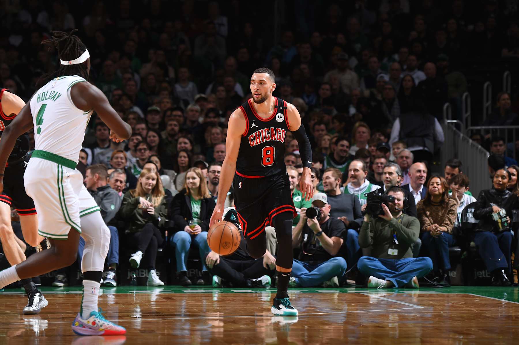 BOSTON, MA - DECEMBER 19: Zach LaVine #8 of the Chicago Bulls dribbles the ball during the game against the Boston Celtics on December 19, 2024 at TD Garden in Boston, Massachusetts. NOTE TO USER: User expressly acknowledges and agrees that, by downloading and/or using this Photograph, user is consenting to the terms and conditions of the Getty Images License Agreement. Mandatory Copyright Notice: Copyright 2024 NBAE (Photo by Brian Babineau/NBAE via Getty Images)