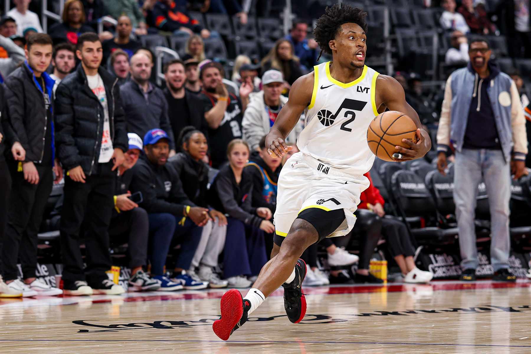 DETROIT, MICHIGAN - DECEMBER 19: Collin Sexton #2 of the Utah Jazz dribbles the ball during the fourth quarter of a game against the Detroit Pistons at Little Caesars Arena on December 19, 2024 in Detroit, Michigan. NOTE TO USER: User expressly acknowledges and agrees that, by downloading and or using this photograph, User is consenting to the terms and conditions of the Getty Images License Agreement.(Photo by Mike Mulholland/Getty Images)