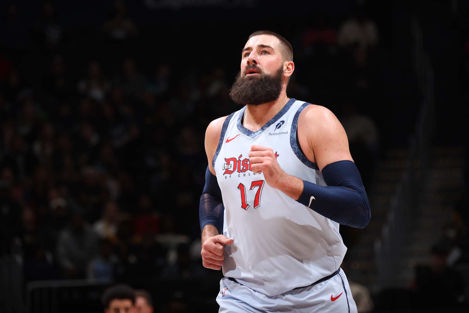 WASHINGTON, DC -  DECEMBER 8: Jonas Valanciunas #17 of the Washington Wizards looks on during the game against the Memphis Grizzlies on December 8, 2024 at Capital One Arena in Washington, DC. NOTE TO USER: User expressly acknowledges and agrees that, by downloading and or using this Photograph, user is consenting to the terms and conditions of the Getty Images License Agreement. Mandatory Copyright Notice: Copyright 2024 NBAE (Photo by Stephen Gosling/NBAE via Getty Images)