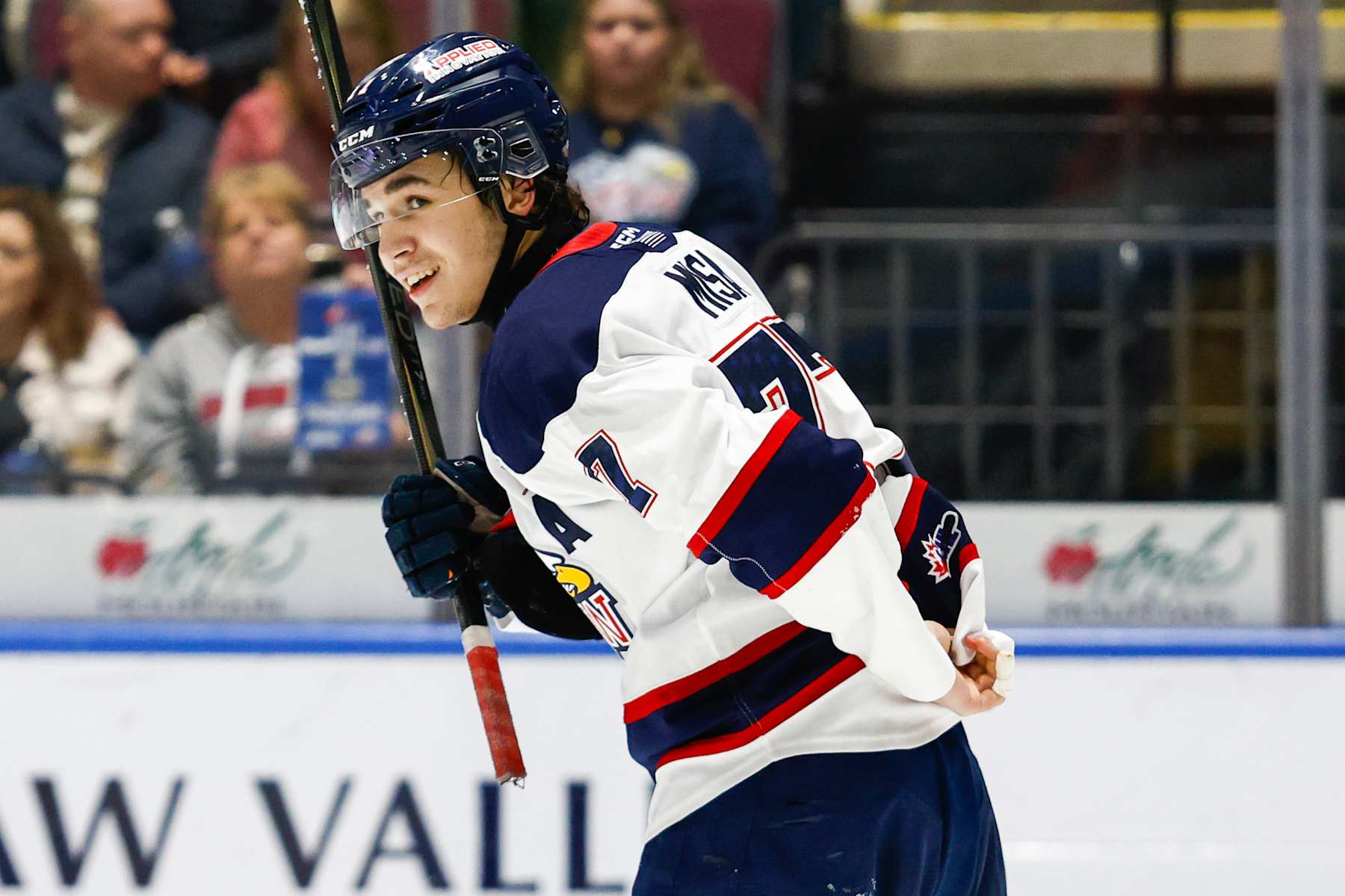 SAGINAW, MI - NOVEMBER 30: Michael Misa #77 of Saginaw smiles after a scrum during a game between Brampton Steelheads and Saginaw Spirit at Dow Event Center on November 30, 2024 in Saginaw, Michigan. (Photo by Michael Miller/ISI Photos/Getty Images)