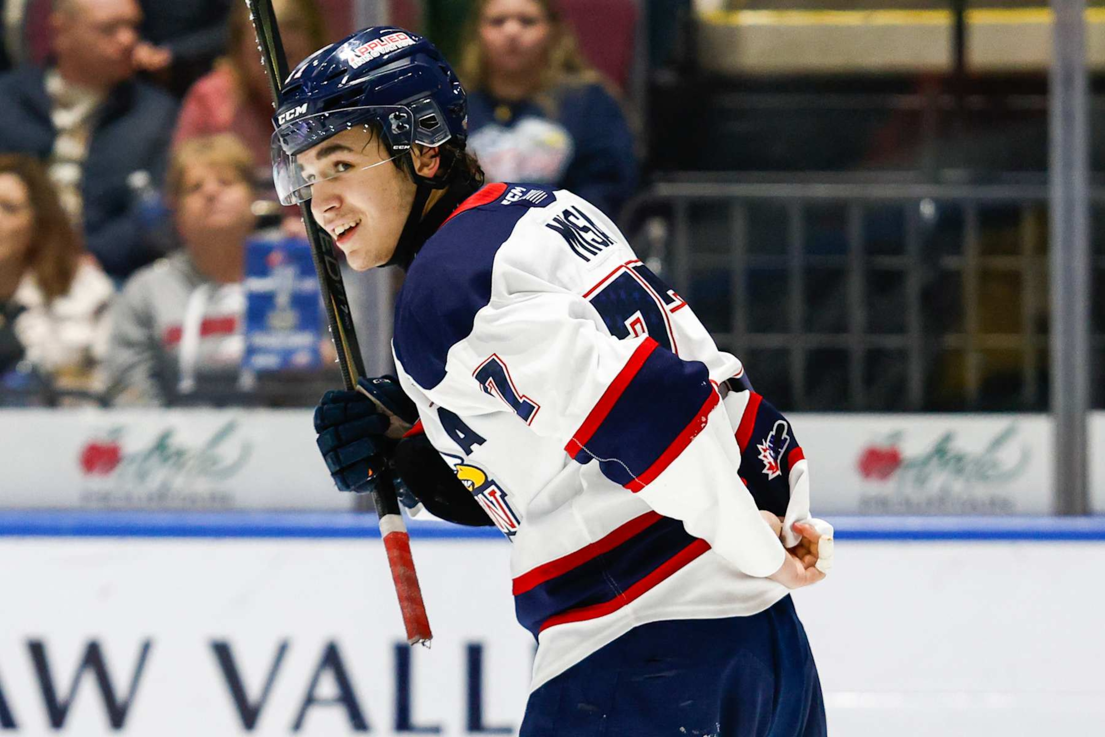 SAGINAW, MI - NOVEMBER 30: Michael Misa #77 of Saginaw smiles after a scrum during a game between Brampton Steelheads and Saginaw Spirit at Dow Event Center on November 30, 2024 in Saginaw, Michigan. (Photo by Michael Miller/ISI Photos/Getty Images) SAGINAW, MI - NOVEMBER 30: Michael Misa #77 of Saginaw smiles after a scrum during a game between Brampton Steelheads and Saginaw Spirit at Dow Event Center on November 30, 2024 in Saginaw, Michigan. (Photo by Michael Miller/ISI Photos/Getty Images)