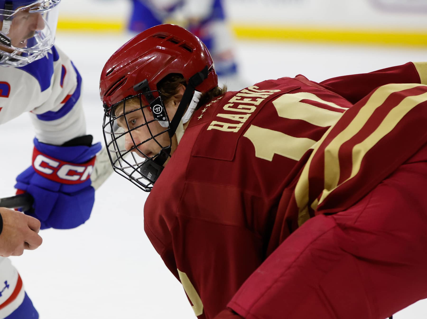 LOWELL, MASSACHUSETTS - DECEMBER 06: James Hagens #10 of the Boston College Eagles skates against the UMass Lowell River Hawks during the second period during NCAA men's hockey at the Tsongas Center on December 6, 2024 in Lowell, Massachusetts. The game ended in a 3-3 tie with the River Hawks winning the extra point in a shootout. (Photo by Richard T Gagnon/Getty Images)