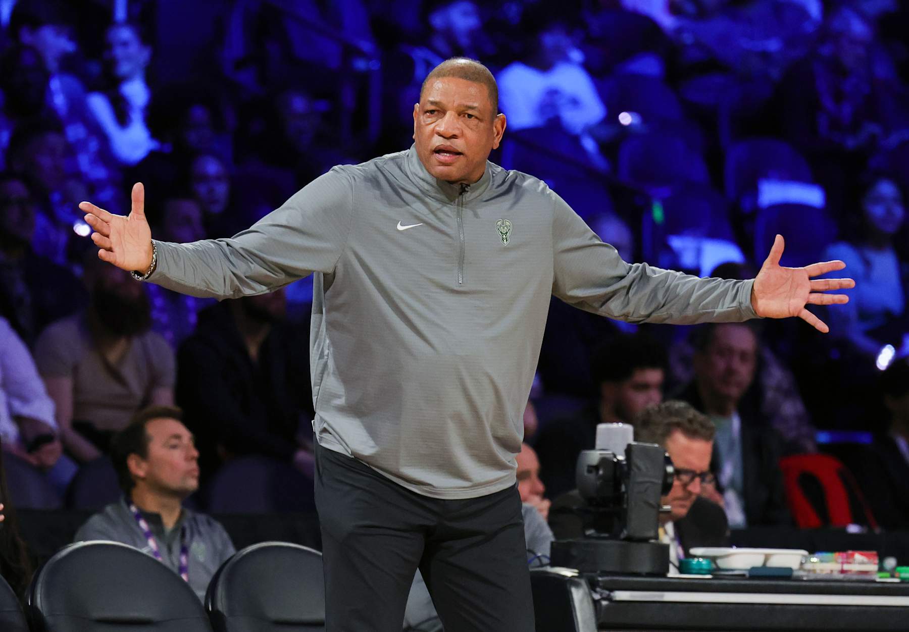 LAS VEGAS, NEVADA - DECEMBER 17: Head coach Doc Rivers of the Milwaukee Bucks reacts in the third quarter of the championship game of the Emirates NBA Cup against the Oklahoma City Thunder at T-Mobile Arena on December 17, 2024 in Las Vegas, Nevada. The Bucks defeated the Thunder 97-81. NOTE TO USER: User expressly acknowledges and agrees that, by downloading and or using this photograph, User is consenting to the terms and conditions of the Getty Images License Agreement. (Photo by Ethan Miller/Getty Images)