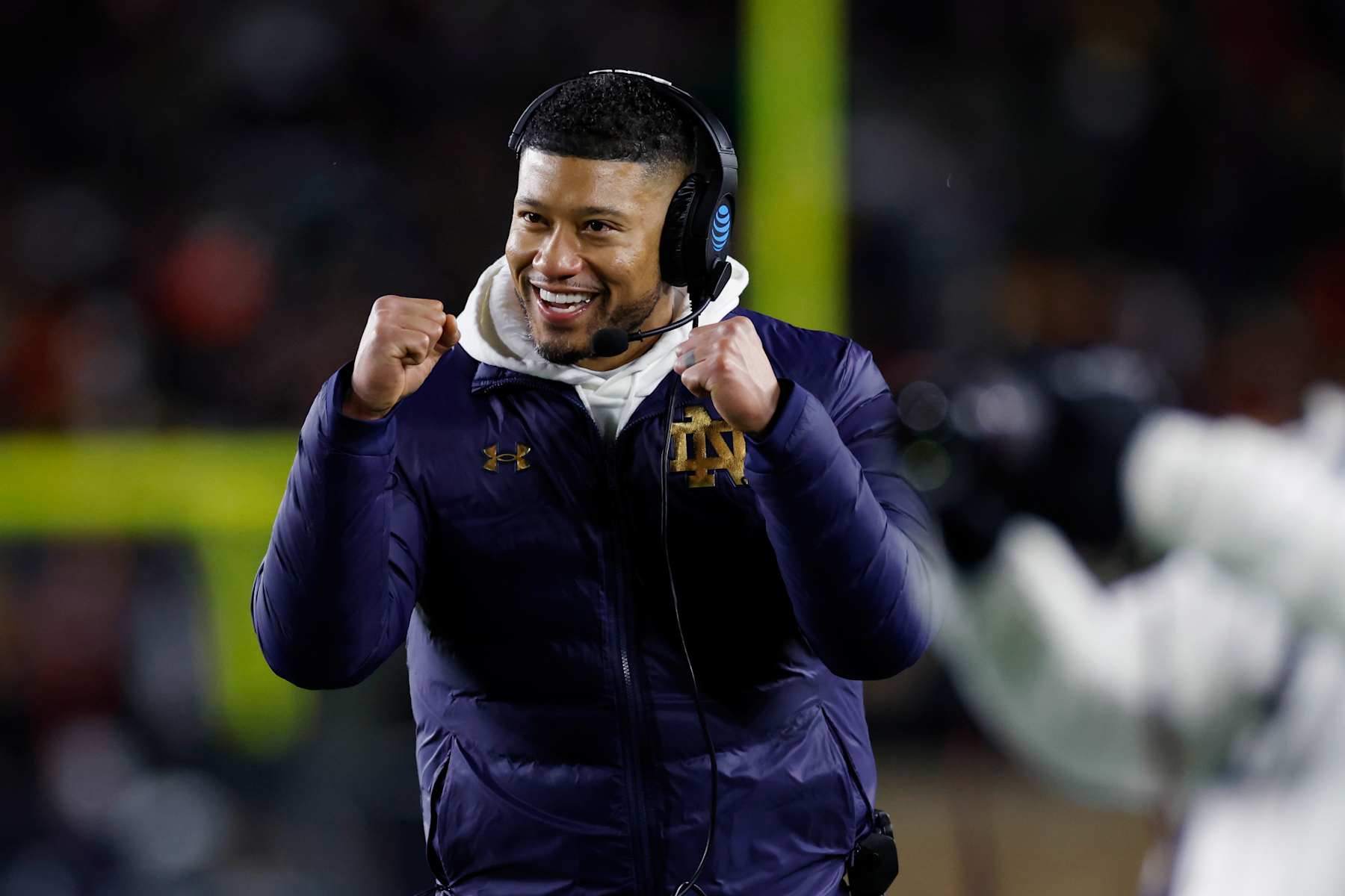 SOUTH BEND, IN - DECEMBER 20: Notre Dame Fighting Irish head coach Marcus Freeman reacts after a touchdown in the first half during the CFP First Round game against the Indiana Hoosiers on December 20, 2024 at Notre Dame Stadium in South Bend, Indiana. (Photo by Joe Robbins/Icon Sportswire via Getty Images)