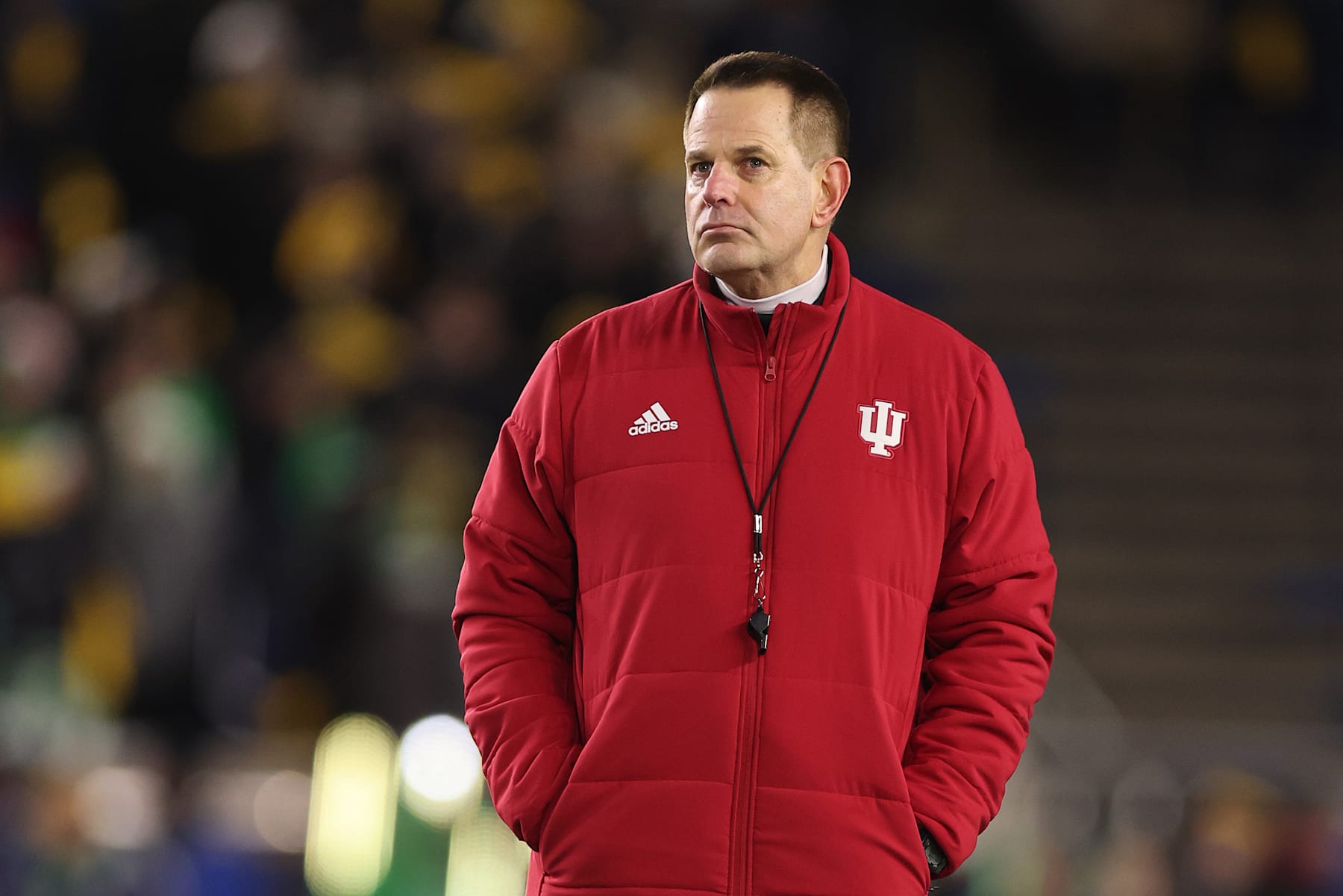 SOUTH BEND, INDIANA - DECEMBER 20: Head coach Curt Cignetti of the Indiana Hoosiers looks on prior to the Playoff First Round game against the Notre Dame Fighting Irish at Notre Dame Stadium on December 20, 2024 in South Bend, Indiana.  (Photo by Michael Reaves/Getty Images)